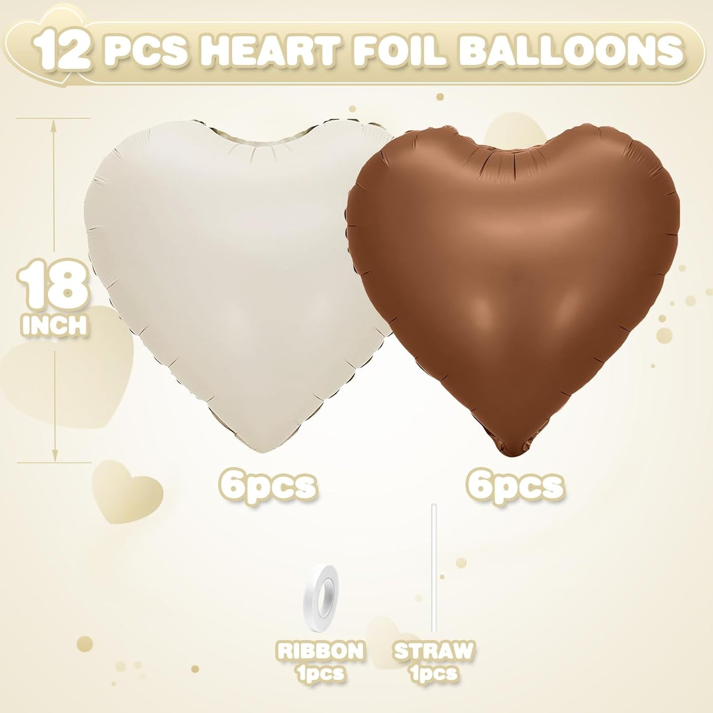 Sand White Brown Heart Balloons,12Pcs 18Inch Cream White Coffee Brown Heart Shaped Foil Helium Balloons for Baby Shower Birthday Anniversary Wedding Engagement Party Decorations