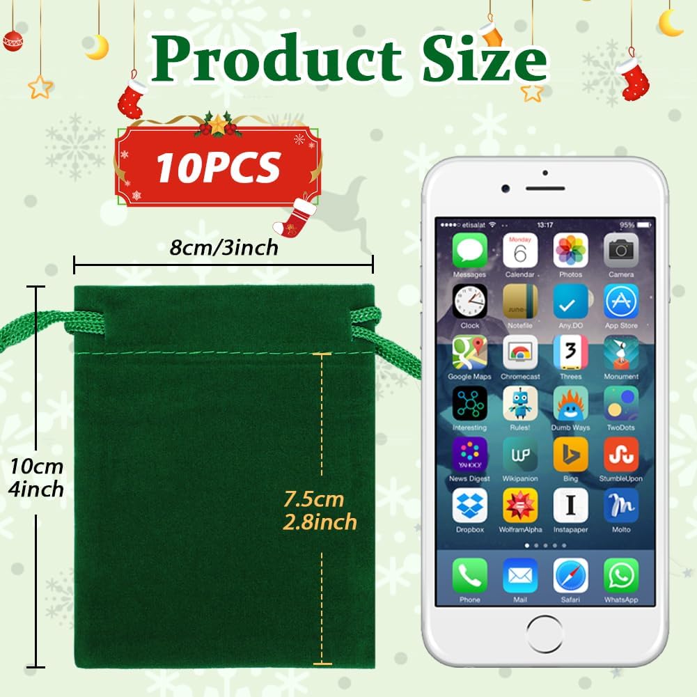 Shintop 10pcs Small velvet bags, 3x4inch Green Jewelry Pouches Drawstring Gift Packaging Cloth Dice Bags for Coins Small Business Party Favor