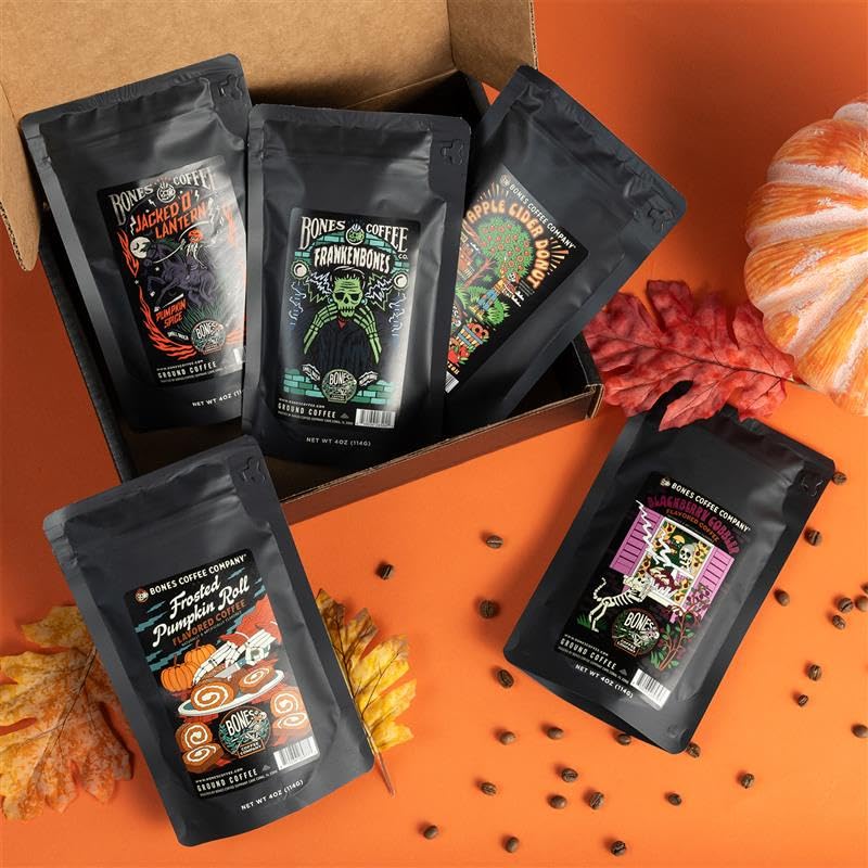 Bones Coffee Company Fall Favorites Pack, 5 Assorted Flavored Coffee Low Acid Medium Roast Arabica Beans Specialty Coffee Gifts, Auto Drip and French Press Compatible, 4 oz Pack of 5 Whole Bean