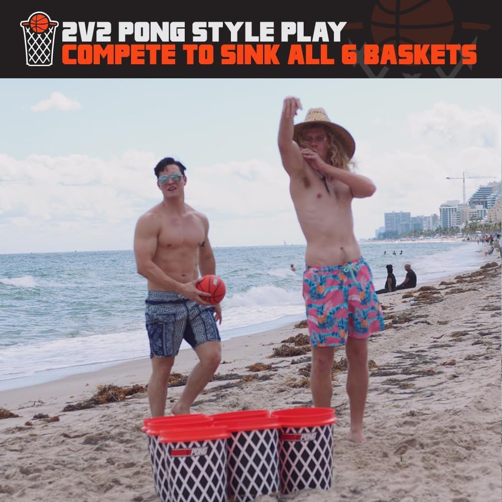 Giant Yard Pong and Basketball Game with 12 Buckets, 2 Balls, Carrying Bag, and Air Pump – Outdoor Game for Lawn, Backyard, Beach, and Parties