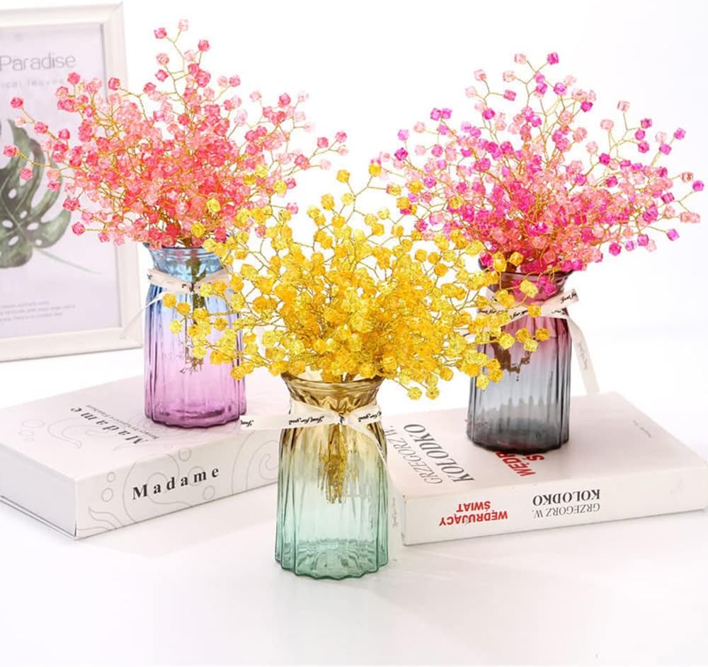 32PCS Crystal Artificial Flowers Bouquets Handmade Acrylic Flower Branches Fake Beaded Baby Breath Floral Crafts for Wedding Party Home Decor