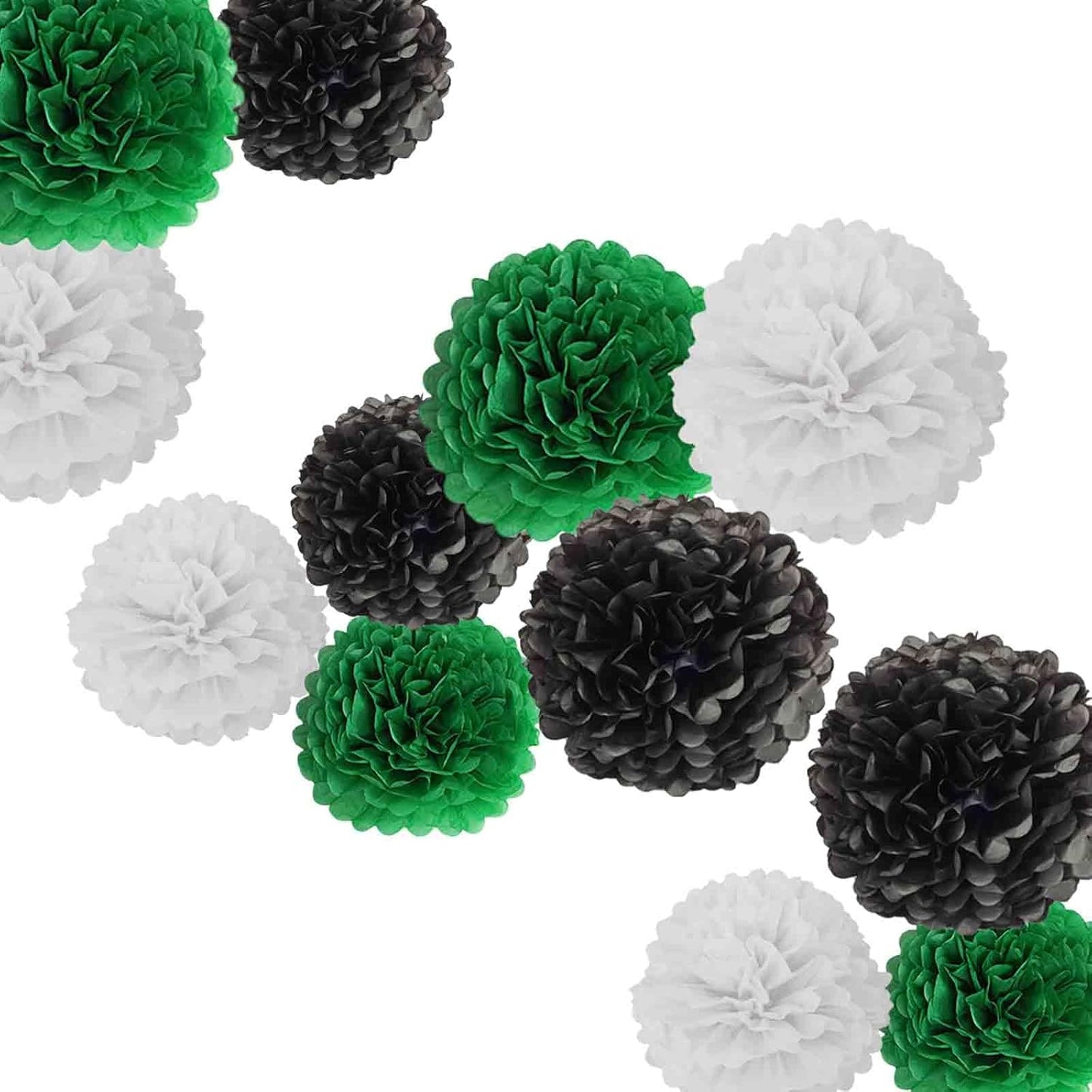 Black Green White Paper Pom Poms - Party Tissue Paper Flowers Balls - Party Hanging Decoration Supplies - Size of 10inch, 12inch, Pack of 12