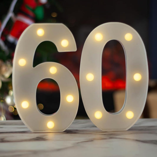LED Marquee Letter Lights, Decorative Light Up Numbers for 60th Birthday Party, Battery Operated, Warm White Small Marquee 60 Sign for Anniversary Decorations