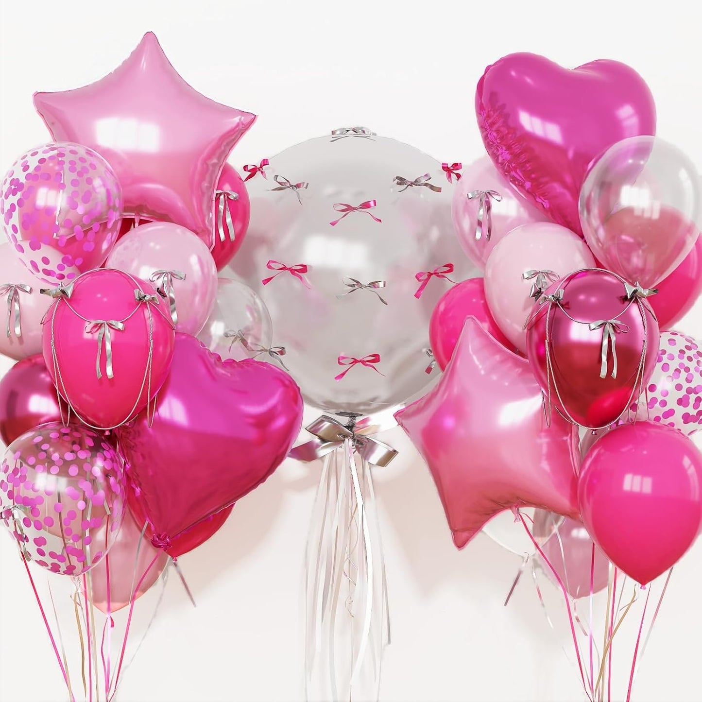 Hot Pink Balloons Pink Heart Star Balloon as Pink Birthday Decorations, Metallic Magenta Light Baby Pink Balloons 18 inch Clear Confetti Heart Star Mylar Shape Foil Balloon as Princess Kid Party Decor