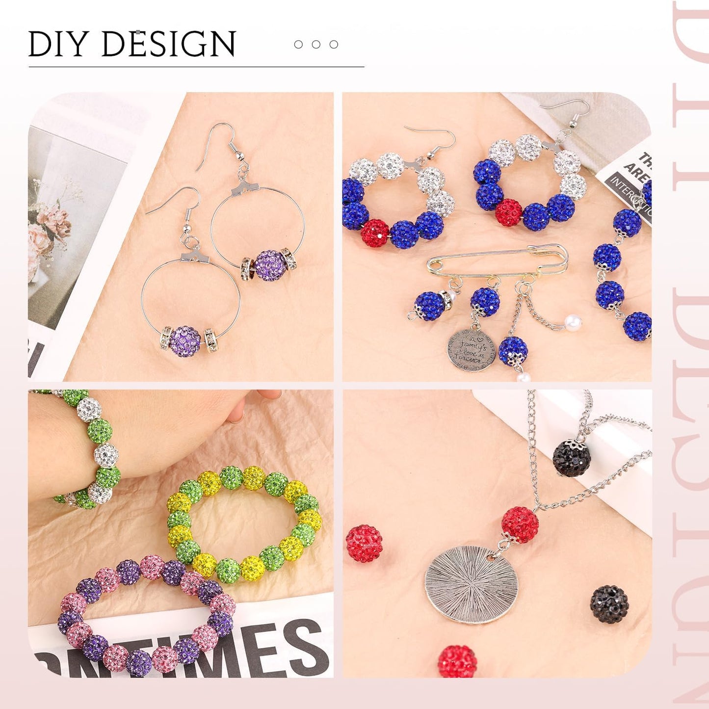 100 pcs 10mm Rhinestone Beads for Jewelry Making, 10 Mixed Colors Shiny Round Shamballa Disco Beads, Sparkle Crystal Clay Christmas for Bracelet Baseball Necklace Earring Crafting and DIY