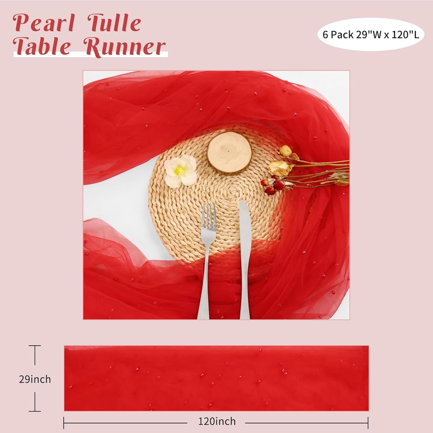 Set of 6 Pearl Table Runner 29 x 120 Inch Tulle Fabric Lace Table Runners Boho Rustic Tablecloth for Bridal Shower Birthday Party Wedding Arch Aisle Veil Dessert Table Decor(Red)