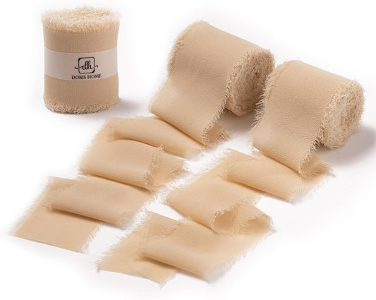 DORIS HOME Nude Chiffon Ribbon for Flower Bouquet, 2" x21Yd Fabric Ribbon for Gift Wrapping, Handmade Frayed Ribbon for Wedding/Christmas Decorations