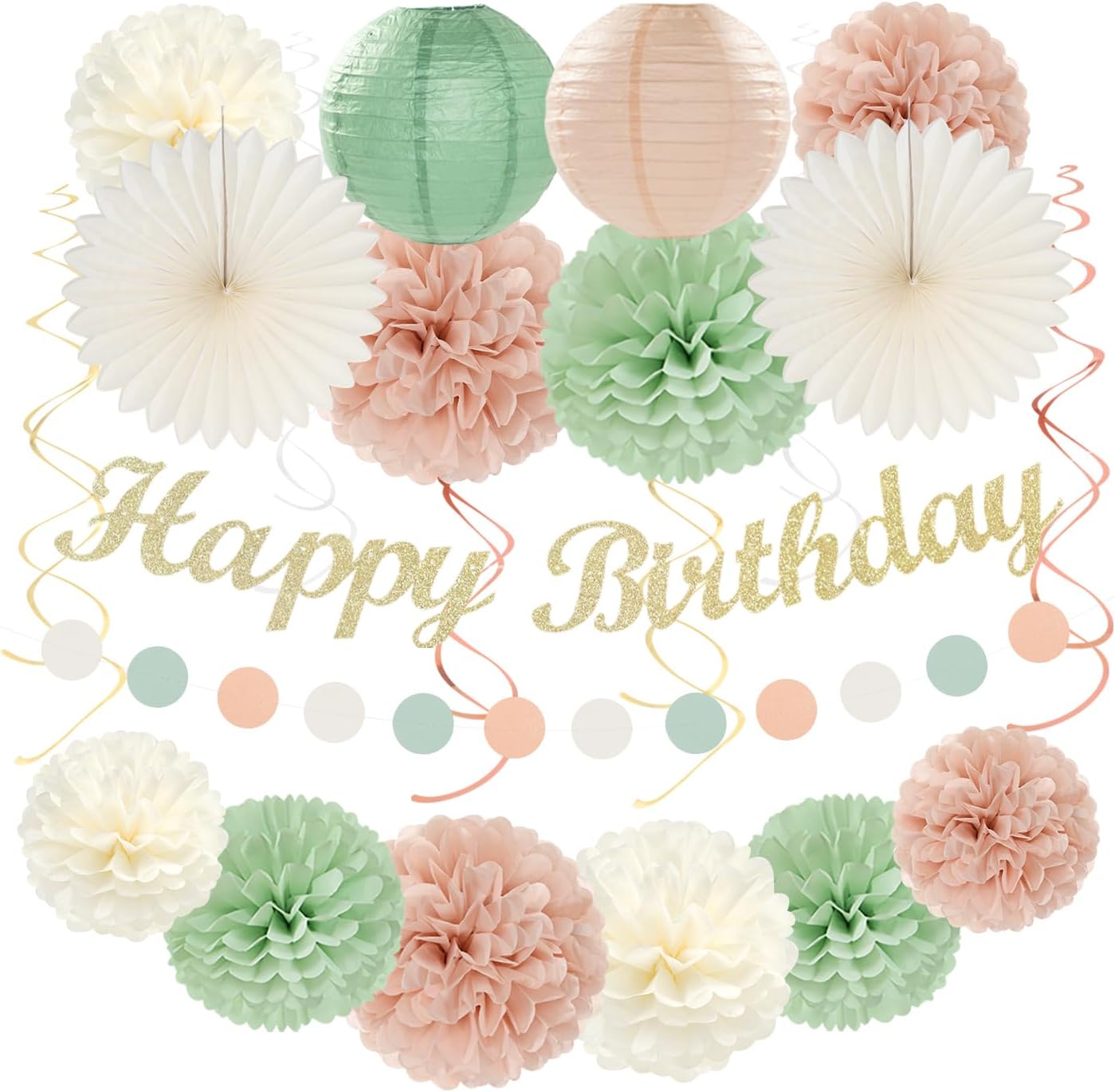 Sage-Green Pink First Happy Birthday Party-Decorations - 22pcs 18th Women Girls Paper Lanterns Streamers Banner Pom Poms,Spring Boho Aesthetic Bohemian Pastel Neutral Decor Backdrop Supplies Hugmoon