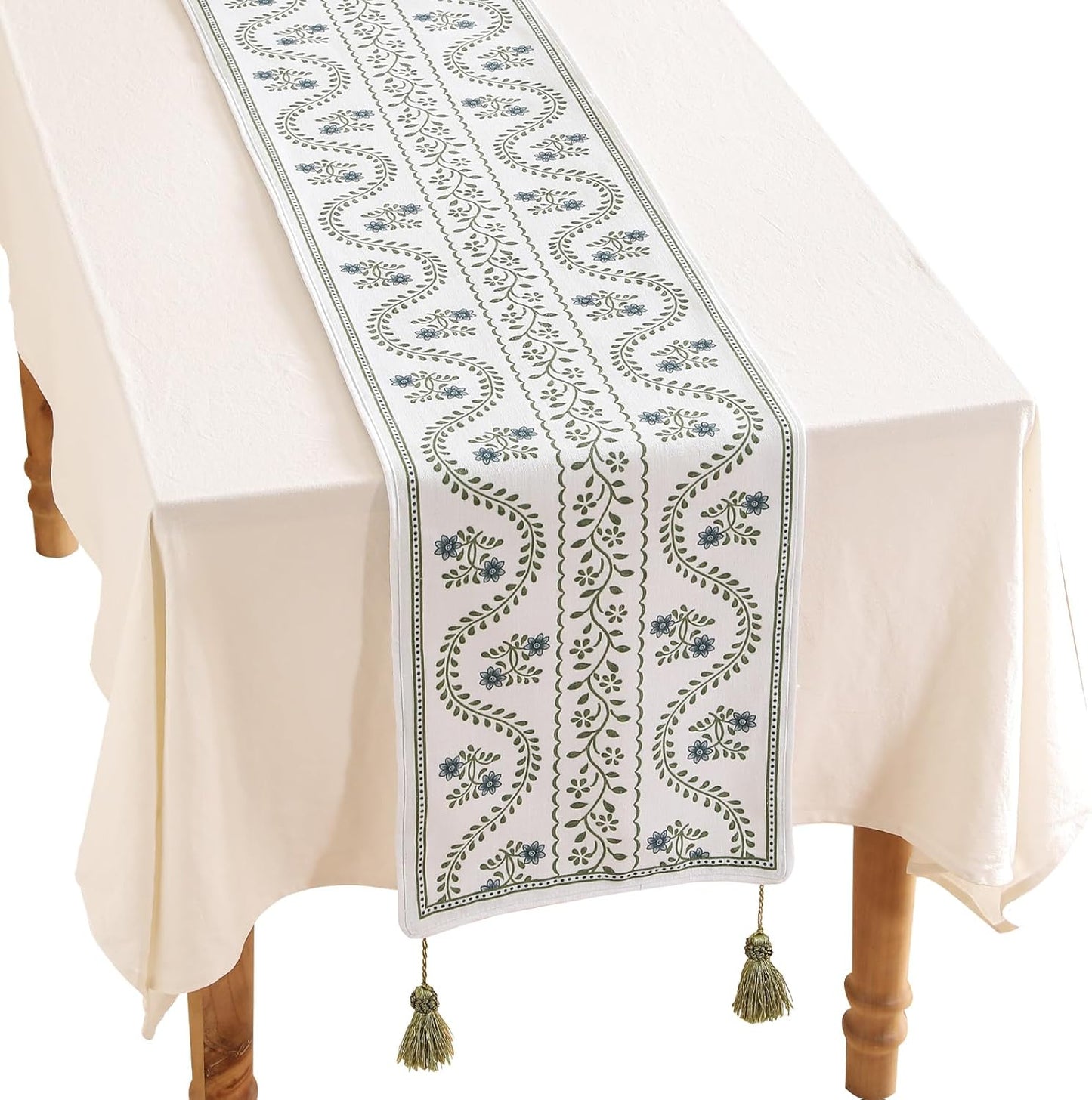 ISAENNE Designer White Elegant Linen Extra Long Table Runner 118 Inches,Chinoiserie Floral Decor Durable Table Runners for Dining Tables,Thanksgiving,Kitchen Tables,Christmas,12"*118"-Mosella D