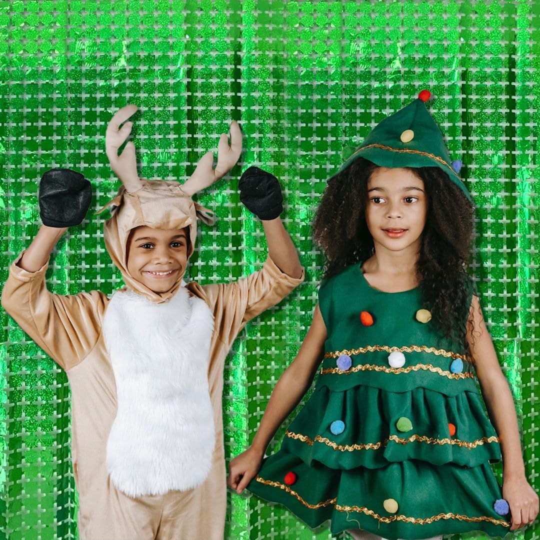 Square Tinsel Curtain Party Backdrop - 10pcs Glitter Foil Fringe Curtain Party Decor Green Photo Booth Backdrop Streamers for Halloween, Christmas, Birthday, Graduation, Wedding Party Decorations