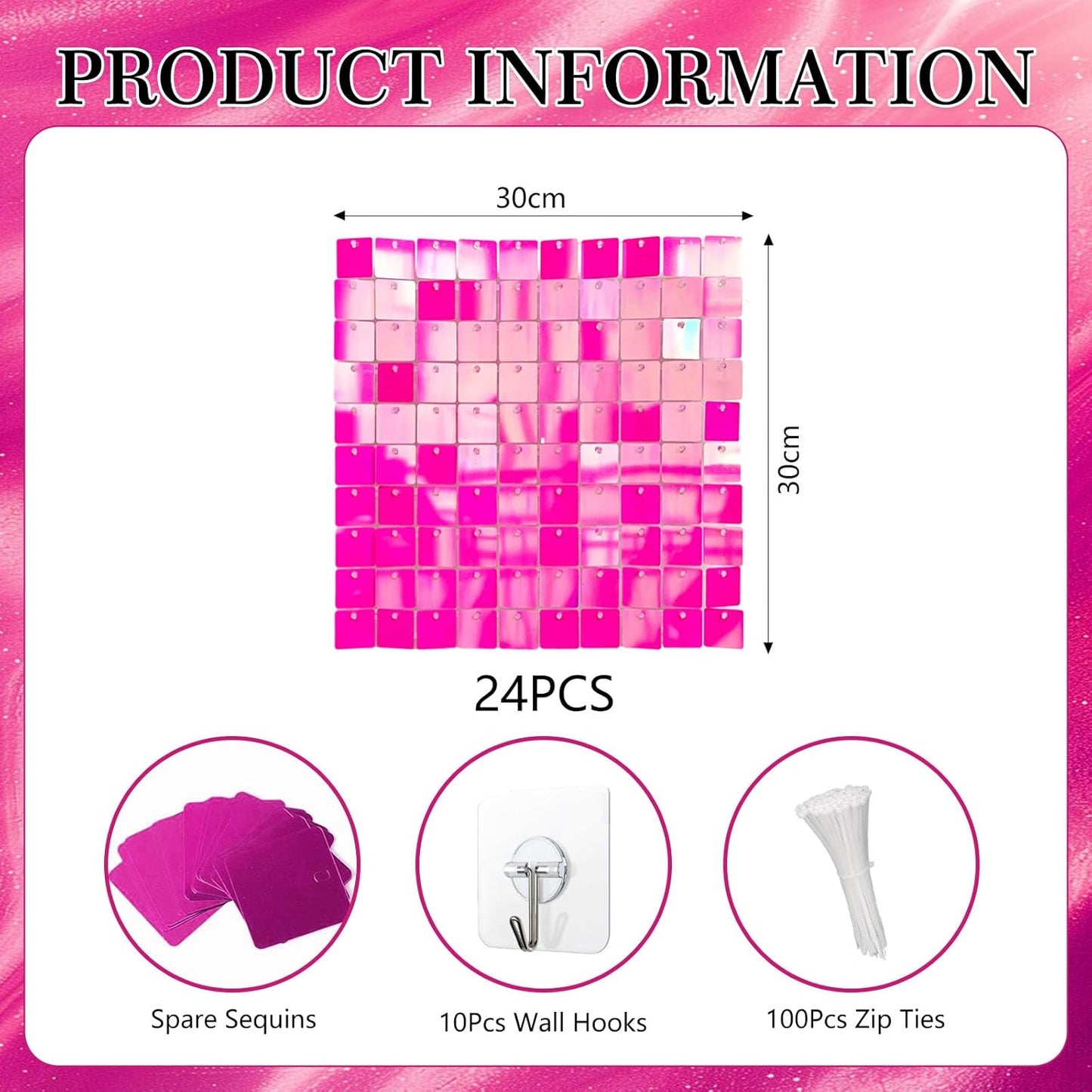 24PCS Colorful Pink Shimmer Wall Backdrop, Square Sequin Photo Backdrops Panel, Glitter Wall Background for Birthdays, Weddings, Christmas, Engagements, Disco Bachelorette Party Decoration (4FTx6FT)