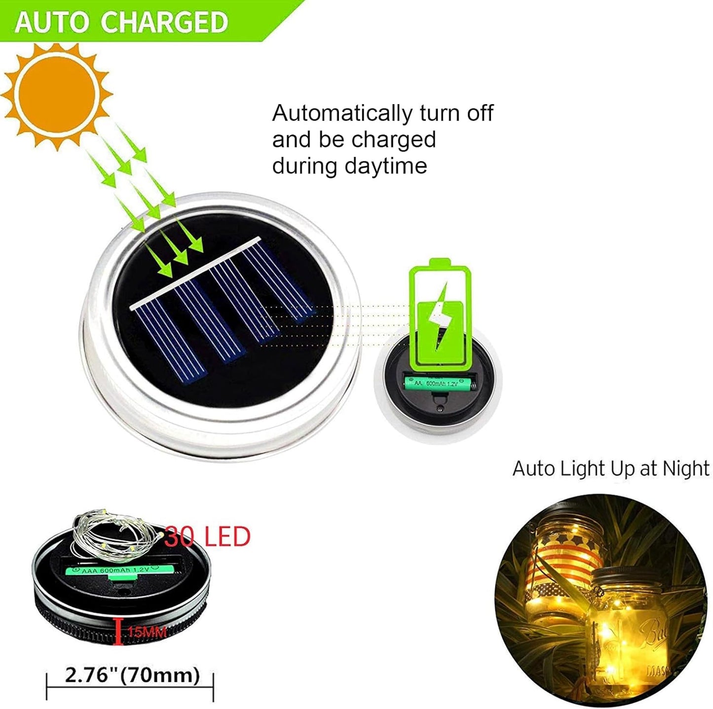 6 Pack Solar Mason Jar Lights for Outside, 30 LED Solar Mason Jar Lids Fairy Lights with 6 Hangers(No Jars) Outdoor Waterproof for DIY Patio Garden Yard Lawn Party Wedding Decoration Warm White