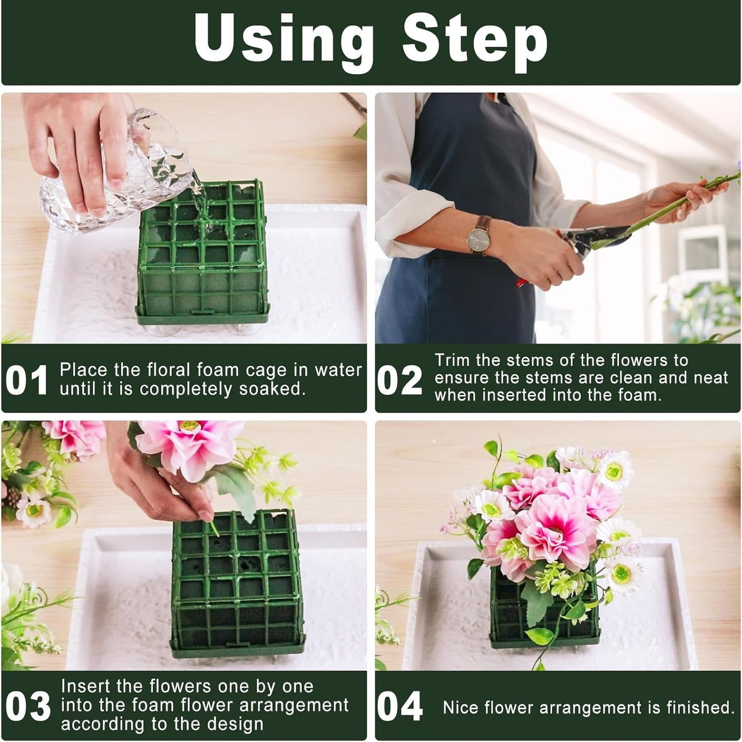 Krijues 4 Pcs Floral Foam Cage for Flowers for Christmas DIY Crafts, Square Flower Holder with Floral Foam for Fresh Flower Arrangement Decoration, Wedding, Interior and Garden 4.1 x 4.1 x 3.1 Inch