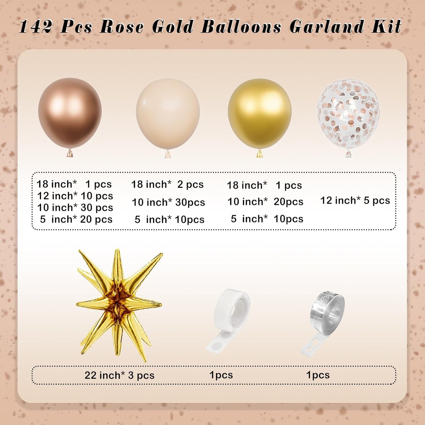 Rose Gold Garland Arch Kit, 142PCS Macaron Orange Confetti Latex Metal Aluminum Foil Balloons for Baby Shower, Ladies Birthday, Wedding Party Decor Supplies