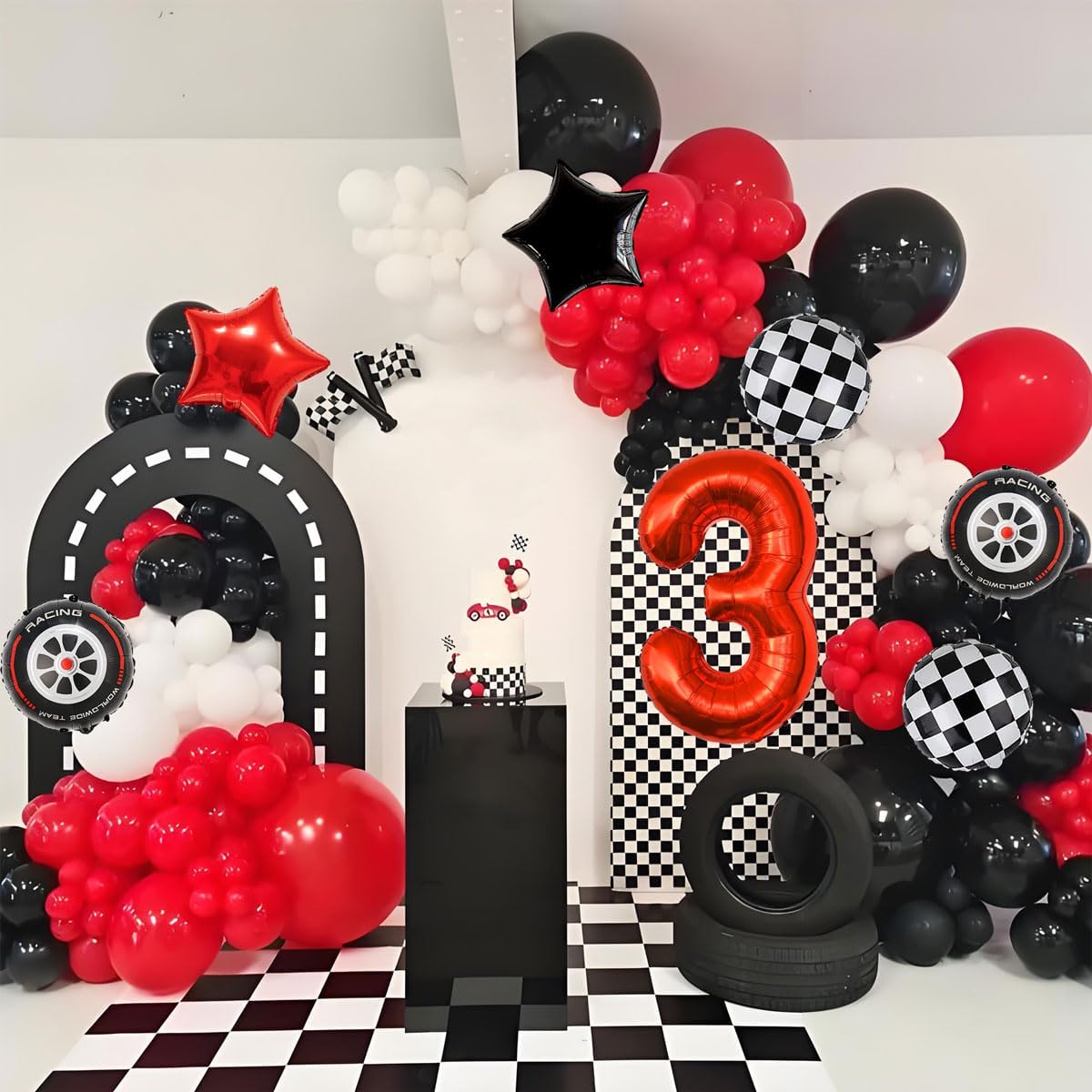Race Car Birthday Party Decorations - 40 Inch Mylar Red Number 3 Balloons - Black Foil Checkered Race Car Balloons for 3st Birthday Race Cars Themed Party Decorations