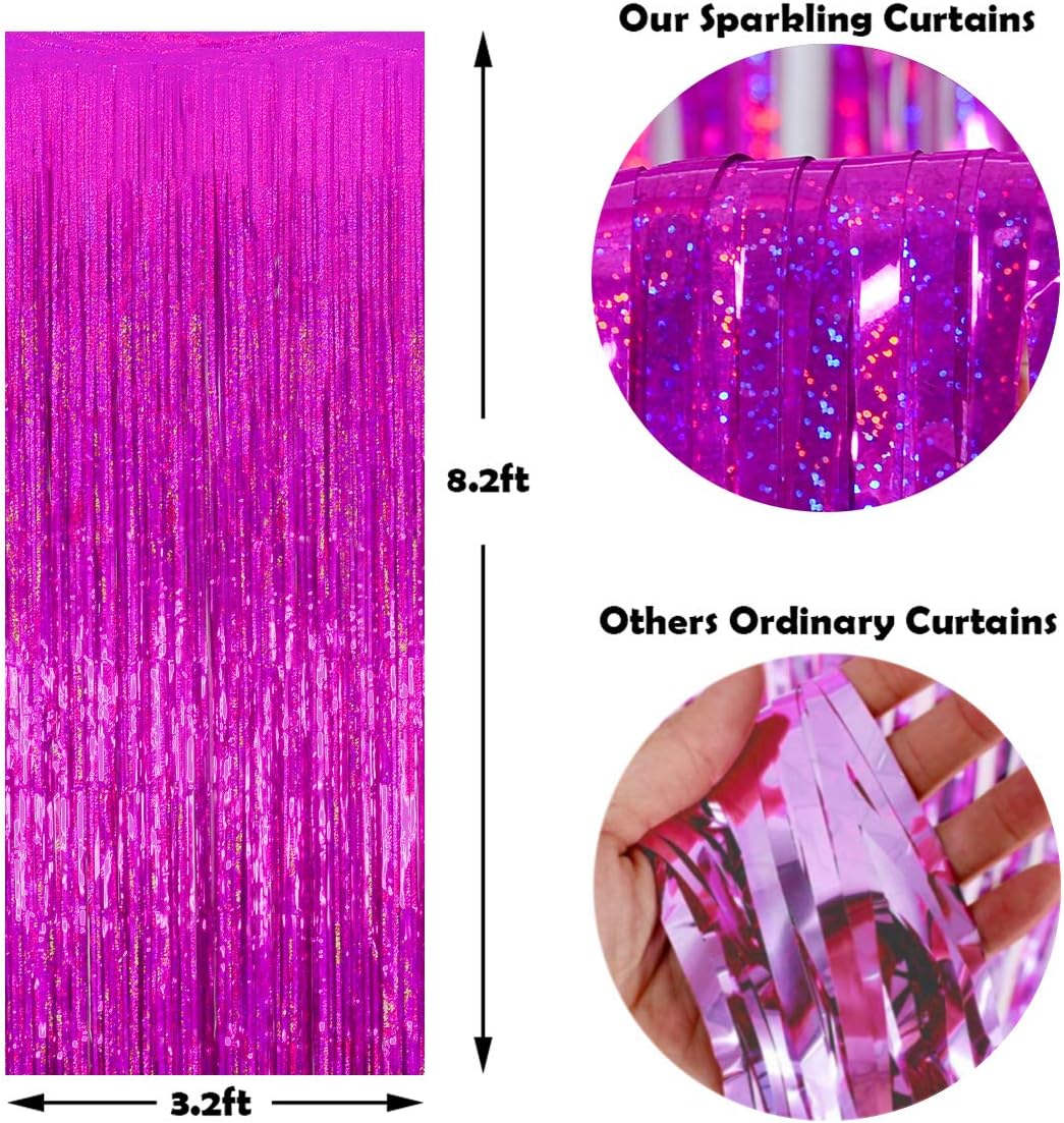 Valentine Backdrop Foil Fringe Curtains Party Decorations - Melsan 3 Pack 3.2 x 8.2 ft Tinsel Curtain Party Photo Backdrop for Birthday Party Baby Shower or Graduation Decorations Rose Red