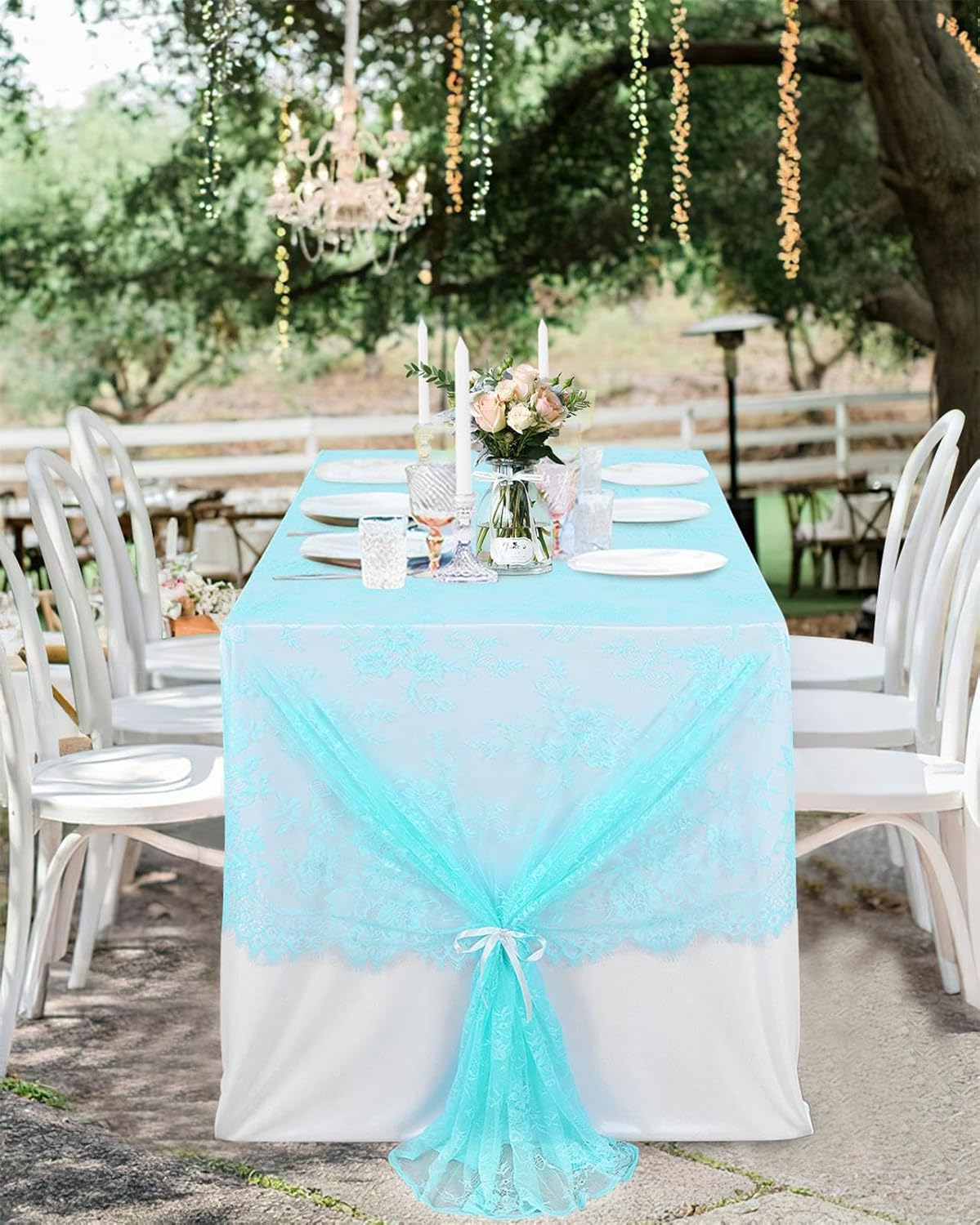 LuoluoHouse Lace Tablecloths Blue Chic Table Fabric 2pcs 60x120 Inch for Rustic Boho Wedding Bridal Shower Party Decoration Rectangle Overlay Blue Long Vintage Embroidered Reception Table Cloth Decor