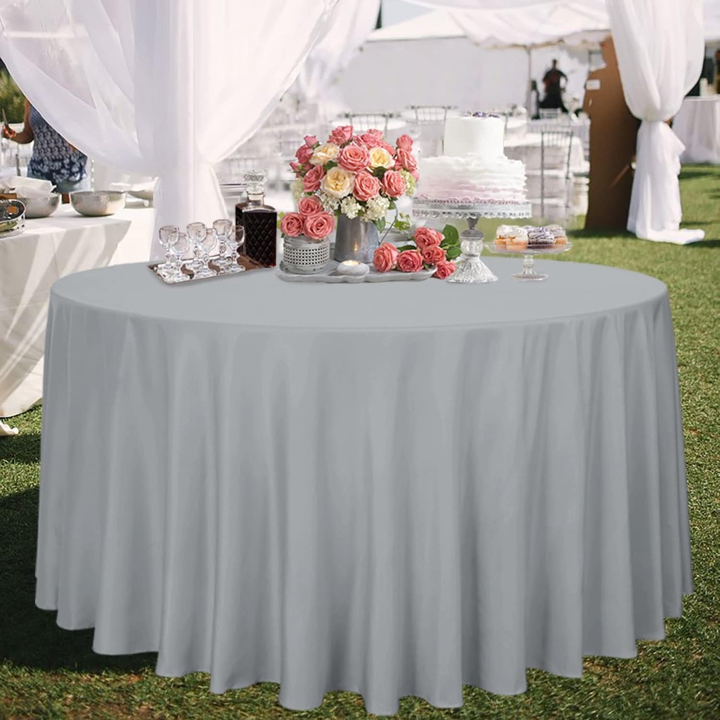 sancua Round Tablecloth - 108 Inch - Water Resistant Spill Proof Washable Polyester Table Cloth Decorative Fabric Table Cover for Dining Tables, Buffet Parties and Camping, Silver Grey