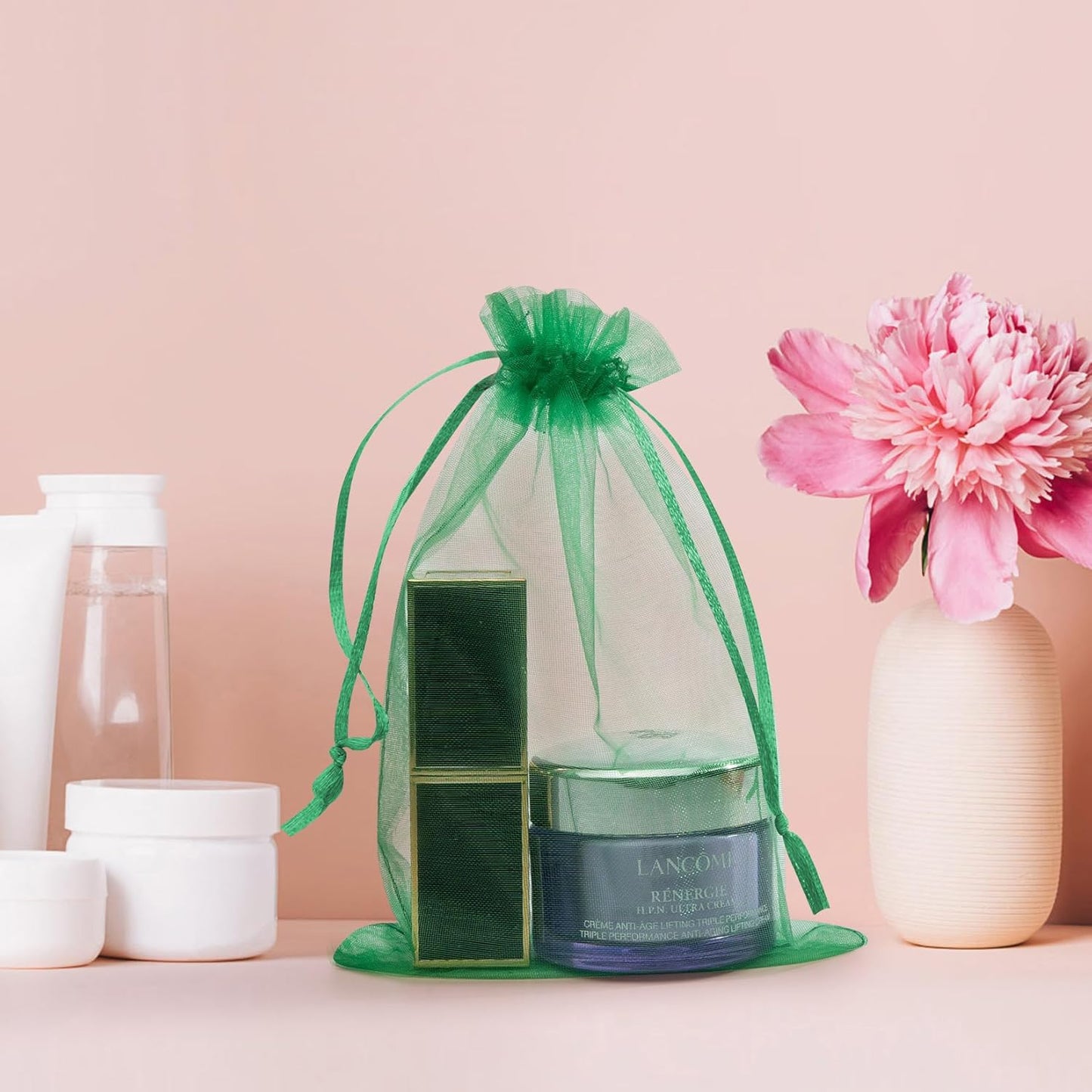 50 Pcs 3x4 Inch Christmas Green Organza Bags, Mesh Bags Drawstring Small Pouch Bag for Christmas Gift Party Favor Wedding