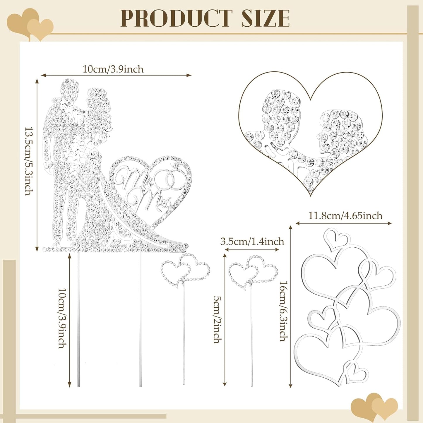 Spiareal 4 Pcs Wedding Cake Topper Mr and Mrs Rhinestone Bride and Groom Love Cake Topper Metal Crystal Heart Shaped Happy Engagement Anniversary Funny Diamond Party Decor for Bridal Shower(Silver)