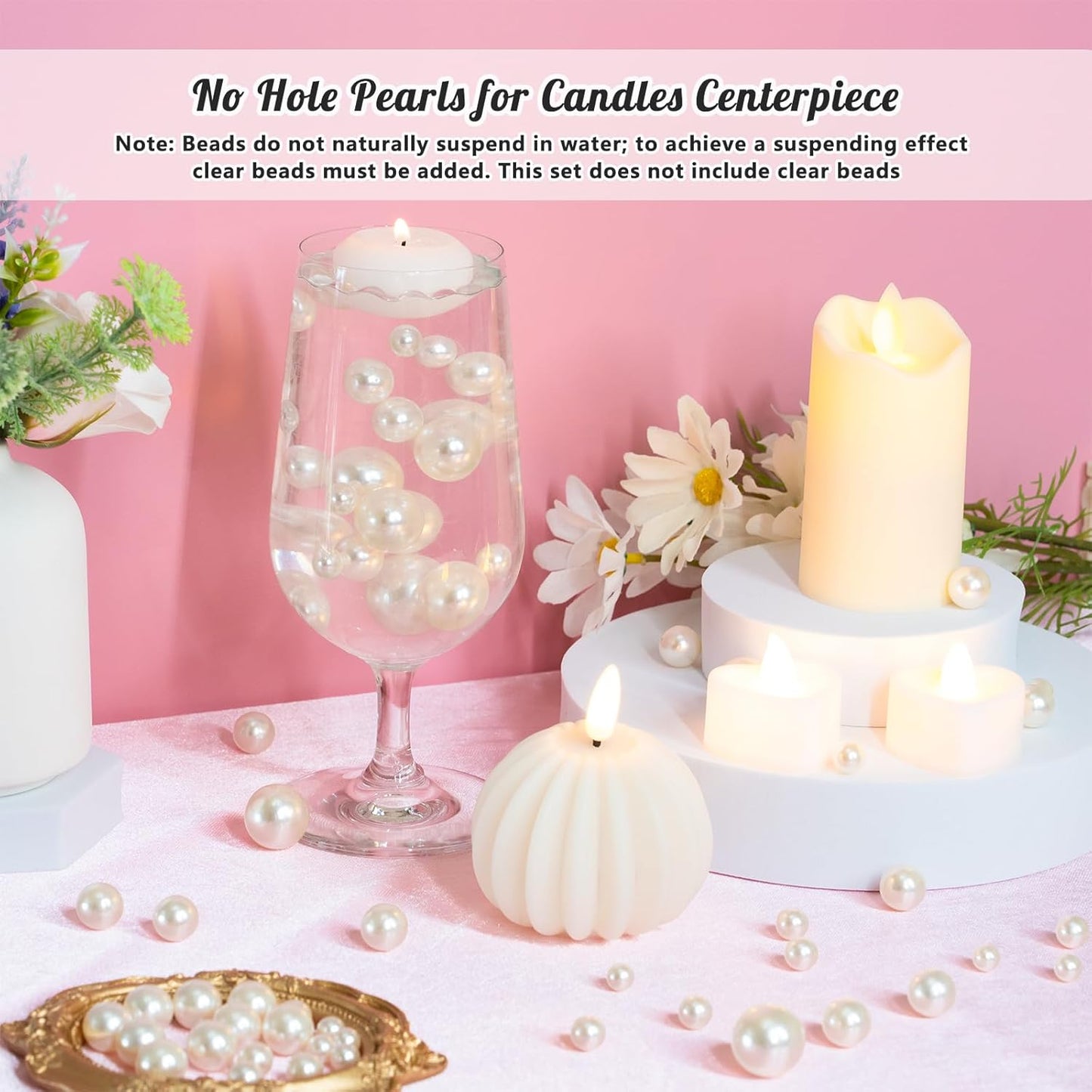 300Pcs Pearl Vase Filler, White No Hole Faux Pearl Beads for Centerpieces Vases, Candle Centerpieces, Wedding Birthday Party Home Decor 8/10/14/20mm