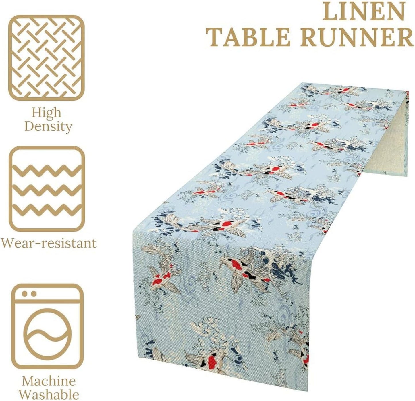 Kio Fish Table Runner Waves Retro Japanese Tradition Art Printed Burlap Runner Home Kitchen Dining Table Living Room Decor Fabric 1 Panel W13xL120in