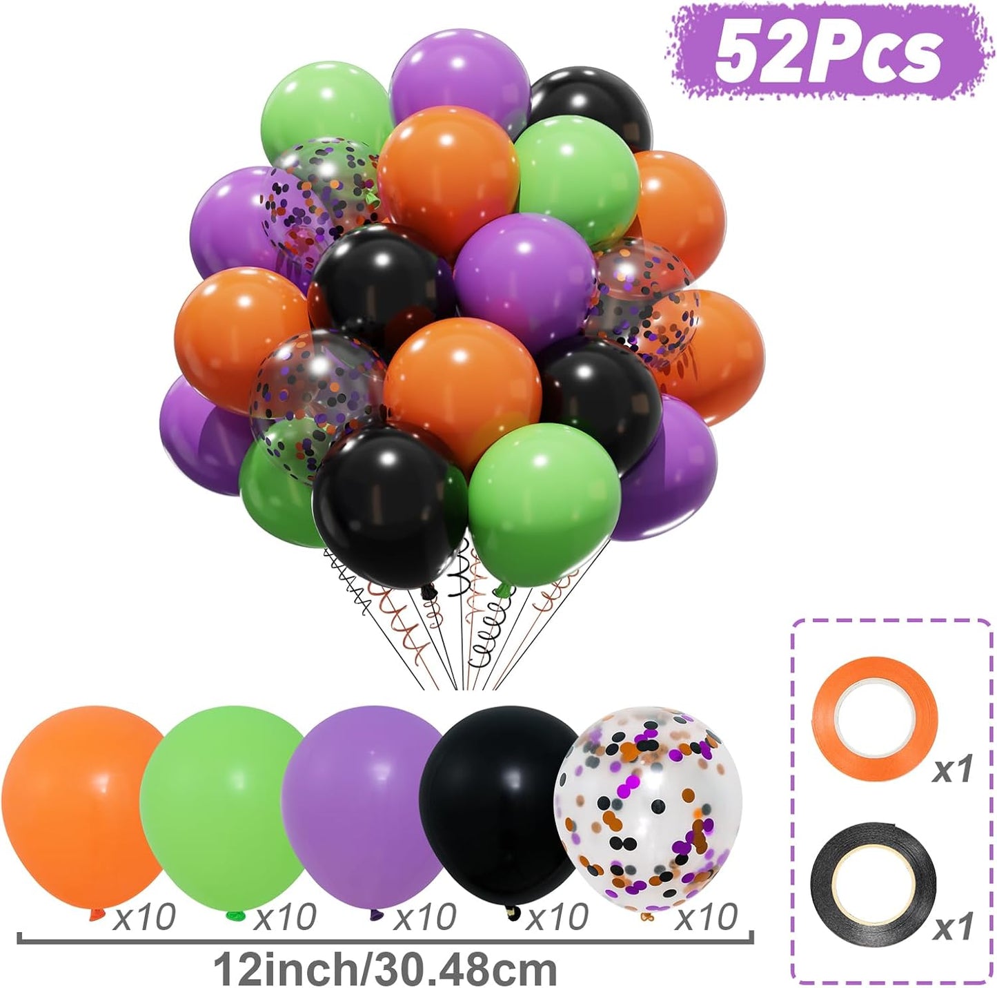 Patimate Halloween Decorations Balloons Set, 50 pcs 12 inch Purple Green Orange Black Confetti Latex Balloons Kit for Halloween Baby Shower Birthday Bachelorette Trick or Treat Party Supplies