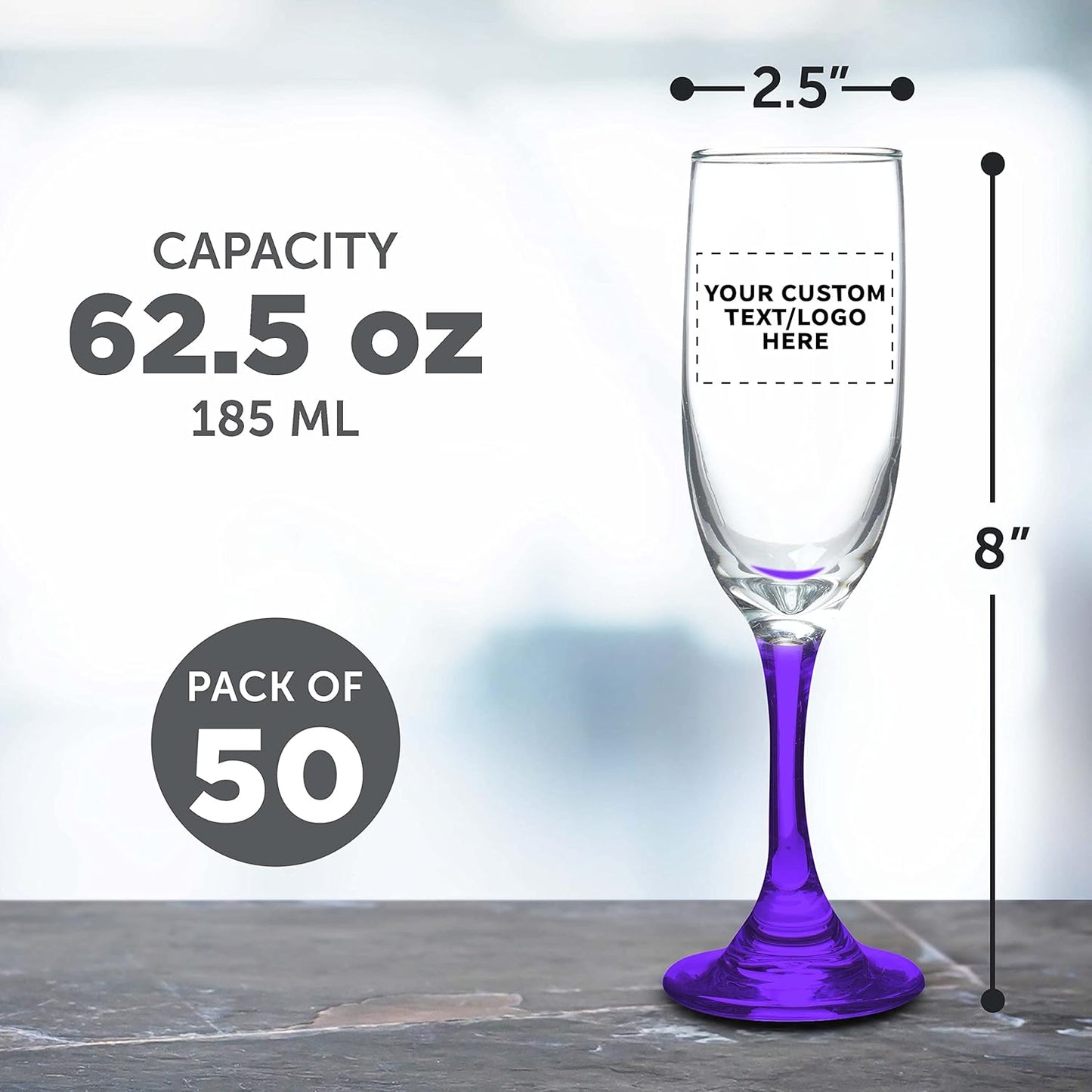 DISCOUNT PROMOS Custom Premiere Champagne Flutes 6.25 oz. Set of 50, Personalized Bulk Pack - Elegant Drinkware for Weddings, Events, & Promotional Gifts - Purple