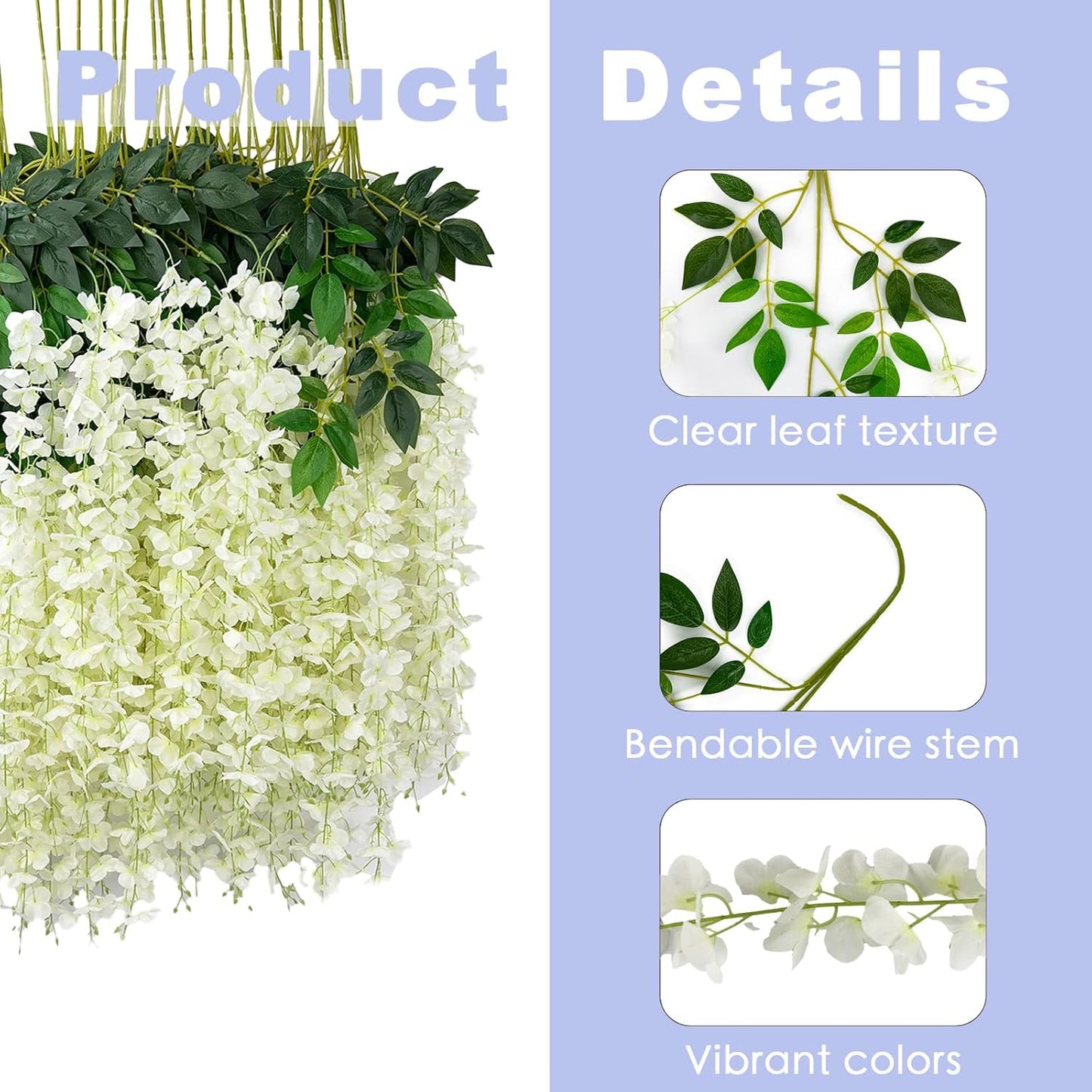 24 Pcs of Wisteria Hanging Flowers, 3.75 Feet Fake Wisteria Flower Strings, Artificial Wisteria Flowers Hanging Garland for Backdrop, Wedding, Ceremony,Garden and Home Wall Decoration (White)