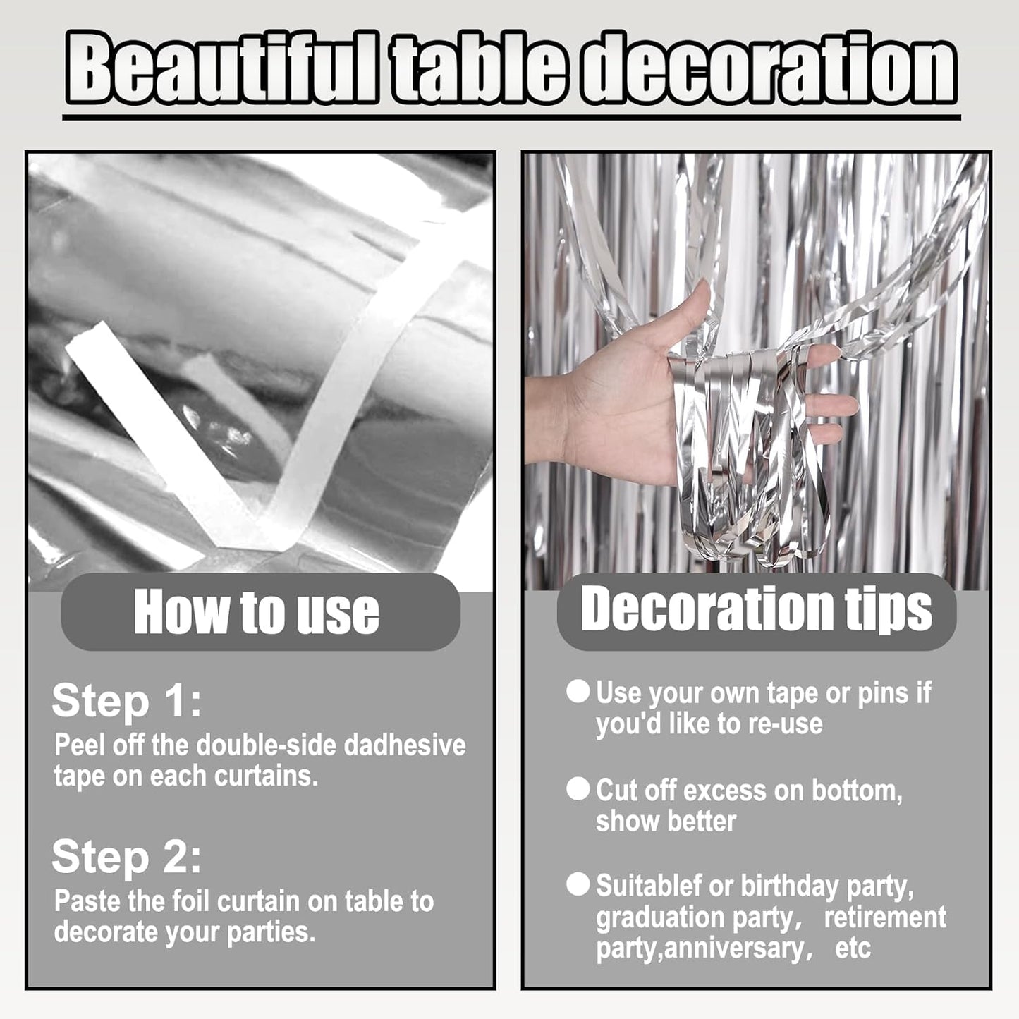 3 Pack 29 x108 Inch Silver Foil Fringe Table Skirts Metallic Banner for Tinsel Streamer Garland Backdrop for Parade Floats Wedding Thanksgiving Birthday Christmas Halloween New Year Party Decoration