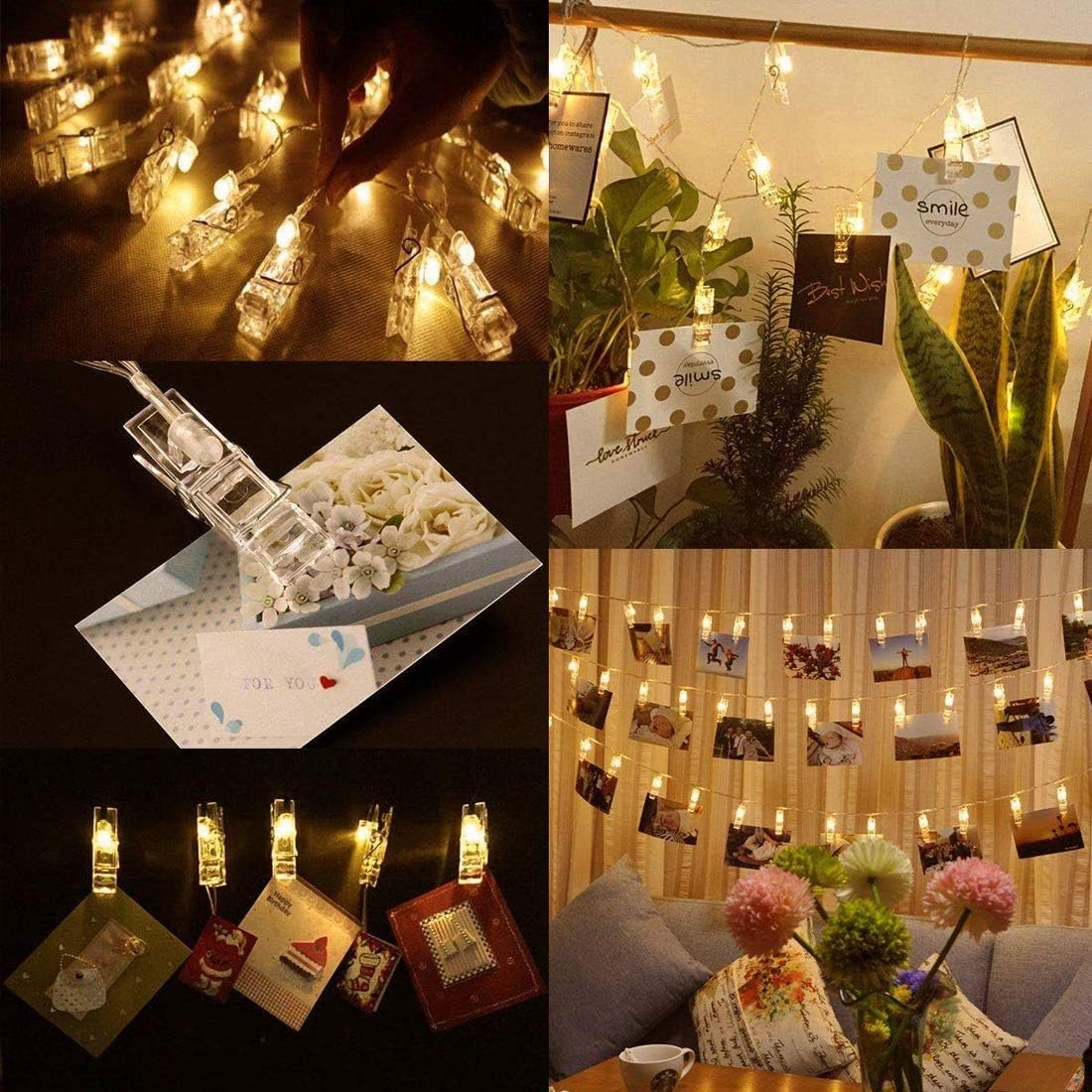 Dopheuor LED Photo Clip Copper String Lights Starry Fairy Warm Yellow Lights Battery Powered for Hang Pictures Cards Bedroom Wall Decorations Christmas Patio Halloween Thanksgiving WeddingParty Decor