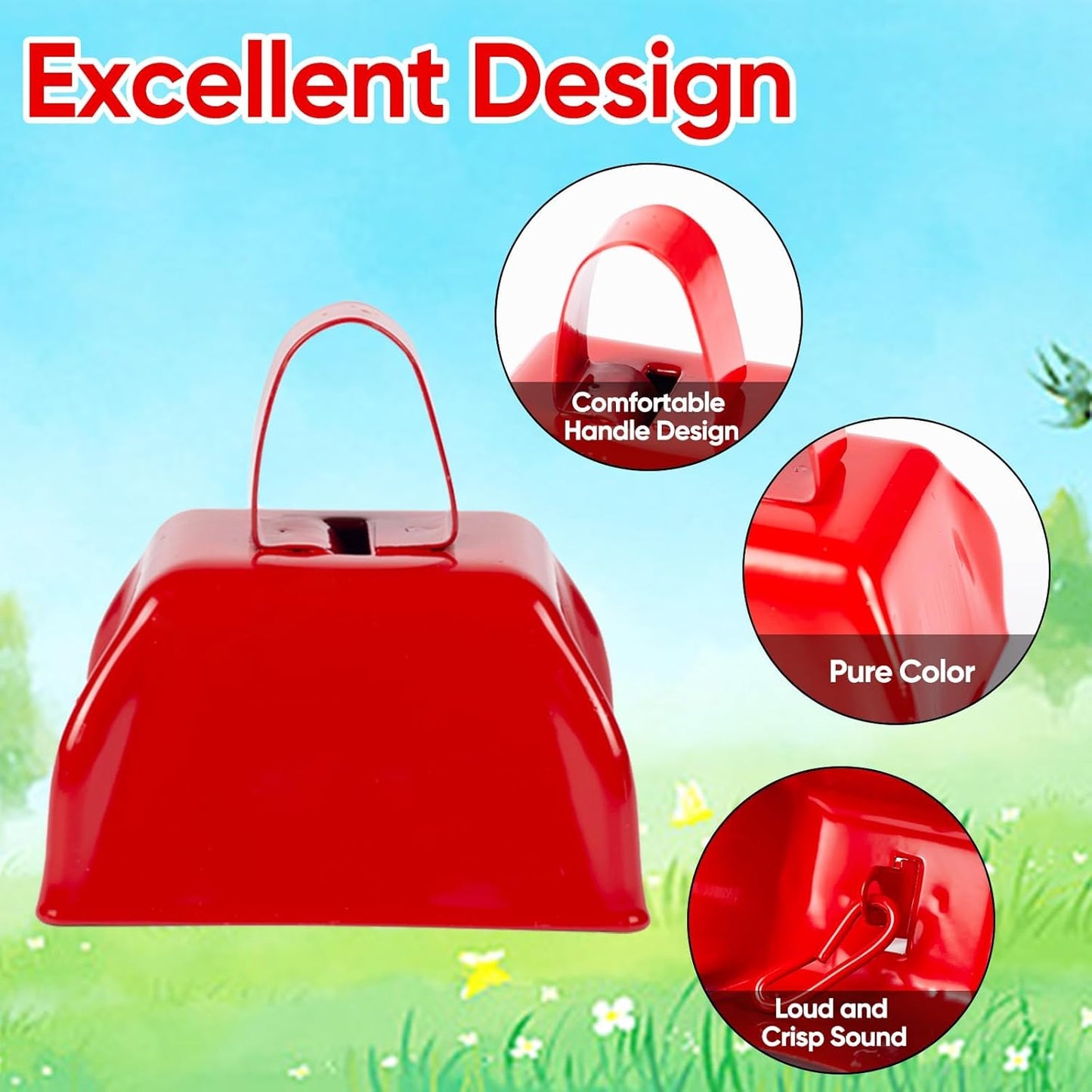 Cow Bells Noise Makers Red Cheering Bell for Sporting Events: 12 Pcs Metal Cowbells with Handle - Small Loud Bell Bulk Hand Percussion for Football Games Graduation Weddings-Red