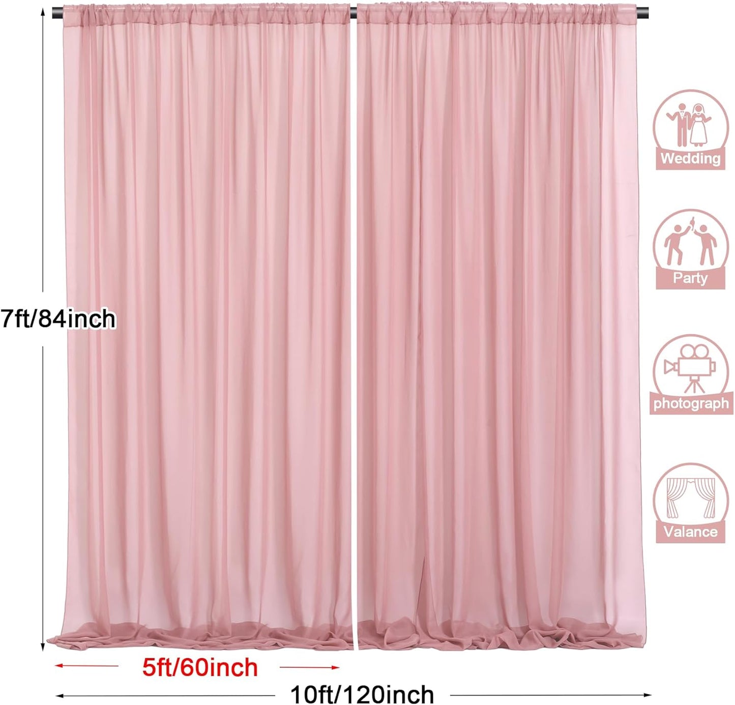 PARTISKY 10x7ft Dusty Rose Chiffon Backdrop Curtains, Wrinkle-Free Sheer Fabric Photo Drapes for Wedding Ceremony Arch Birthday Baby Shower Photography Stage Decor 5X 7ft, 2 Panel