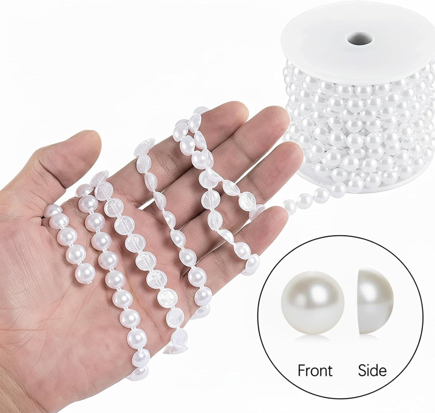 Flat Pearl Garland String 11 Yards, 10MM Half-Round Beaded Spool Roll Crafts for Wedding Decoration (White)