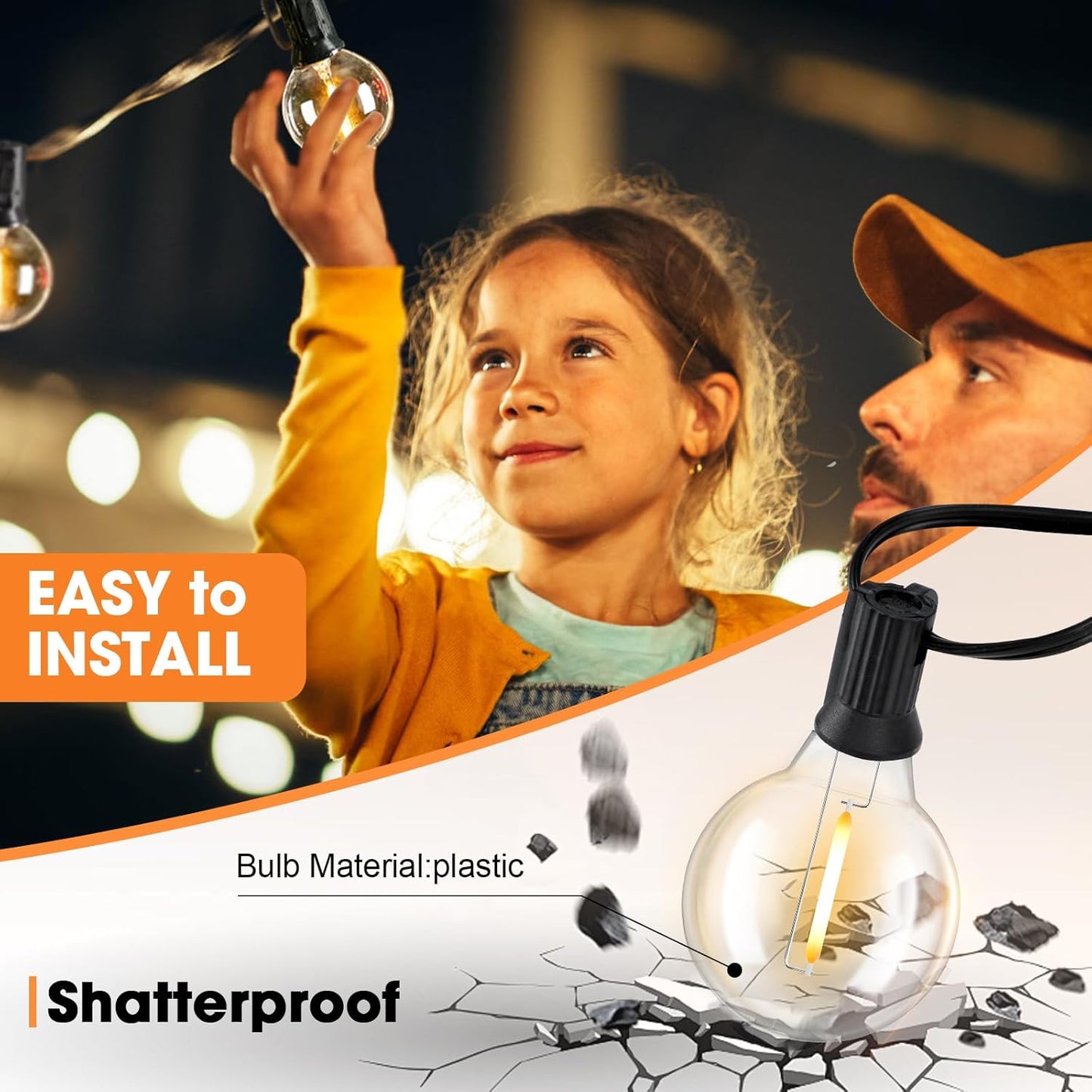 50 Pack G40 LED Replacement Bulbs for Outdoor String Lights, Dimmable, Warm White, E12 Screw Base, Waterproof LED Globe Bulbs Light for Indoor Outdoor Patio Cafe Decor