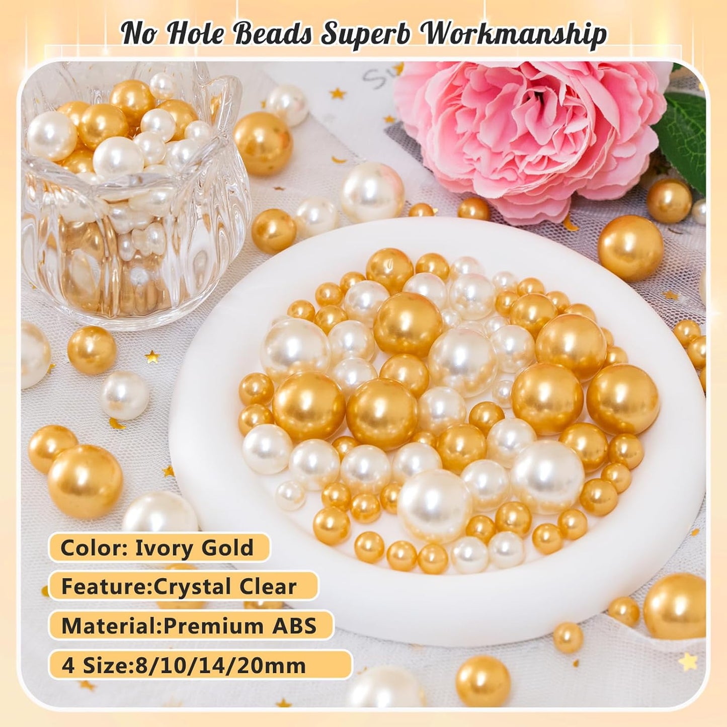300Pcs Pearl Vase Filler, Ivory Gold No Hole Faux Pearl Beads for Centerpieces Vases, Candle Centerpieces, Wedding Birthday Party Home Decor 8/10/14/20mm