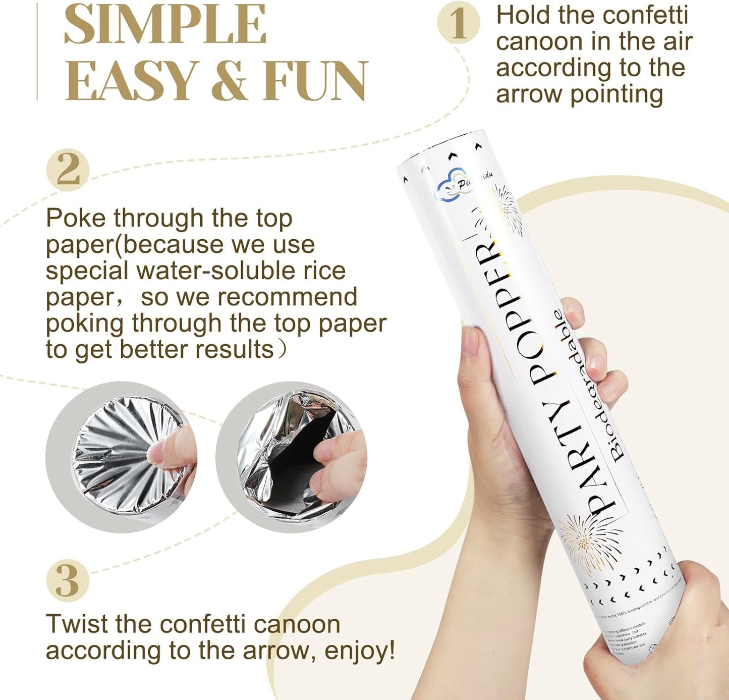 White Mix Gold Rice Confetti Cannon,6Pack Biodegradable Mulitcolor Confetti Poppers Party Shooters,12inch Party Poppers For Lawns Wedding,Birthday,Celebrations,Photo Shoots and New Years.