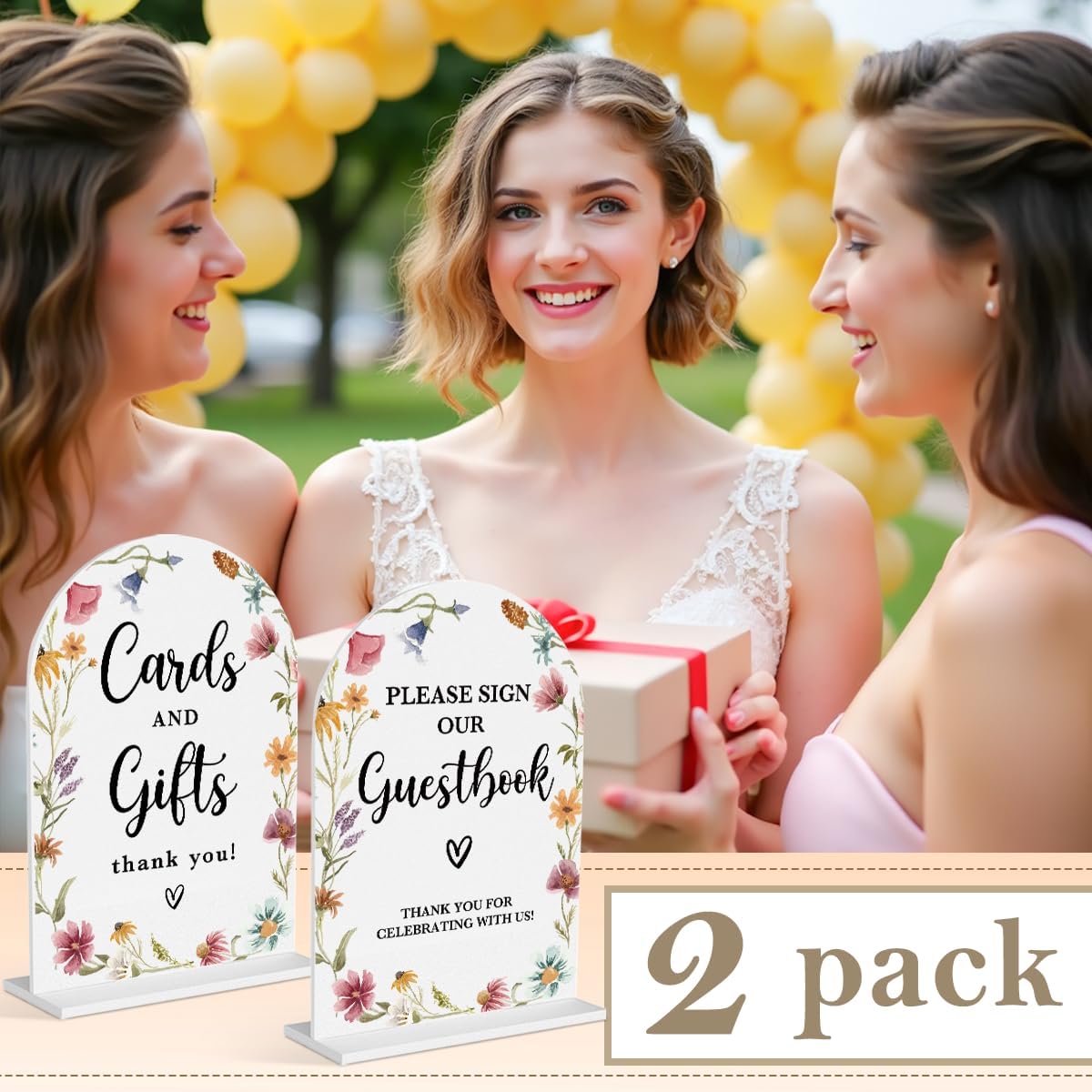 2 Pcs Acrylic Wedding Signs for Reception, Bridal Shower Decorations, Cards and Gifts Signs, Guest Book Sign, Arch Acrylic Table Top Sign with Holder for Wedding Reception (White Wildflowers)