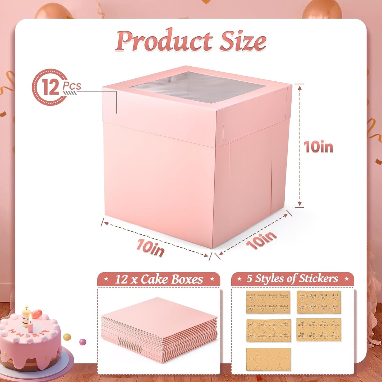 12Pcs Cake Boxes, 10x10x10 Inches Tall Cake Boxes with Window, Pink Disposable Tier Cake Containers for Pastries, Pie, Cookies, Chocolates, Cupcakes, Birthday Party, Wedding Bakery Boxes