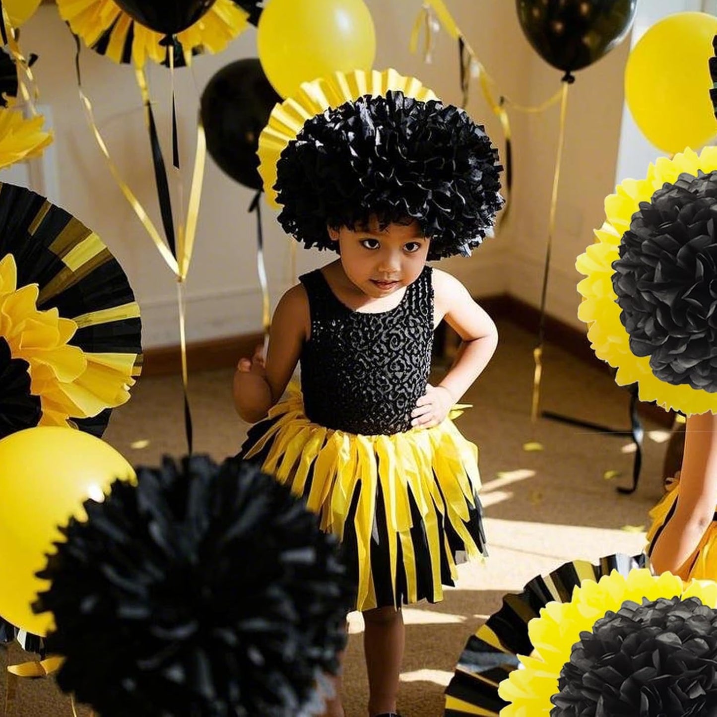 Capesaro Black and Yellow Tissue Paper Pom Poms, 15PCS Tissue Paper Flowers for Birthday Party Decorations, Bee Classroom Decor Wedding Baby Shower Home Decoration