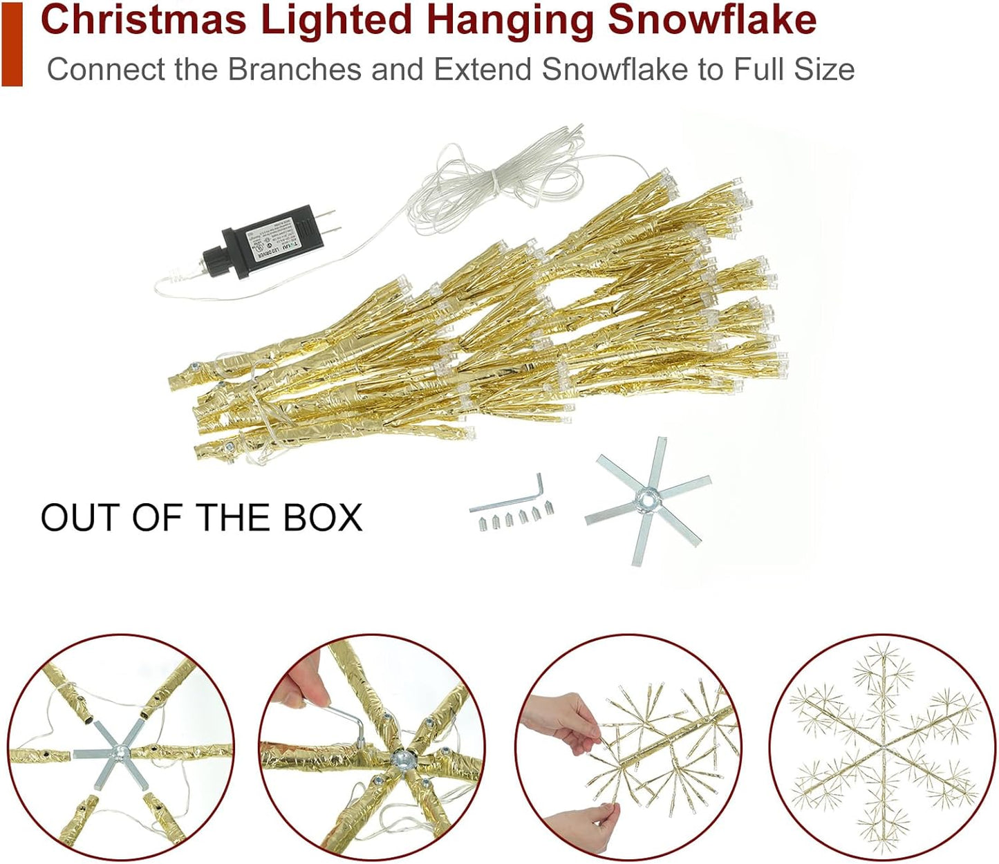30’’ Christmas Snowflake Lights Outdoor, Pre-lit 240Pcs Warm White LEDs Hanging Golden Snowflake Decoration for Home Indoor Outdoor Window Silhouette