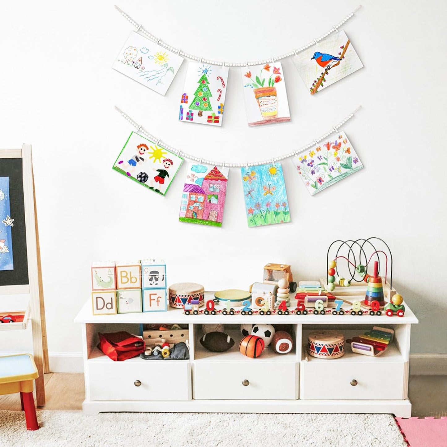 Mkono Hanging Photo Display with Clips, Boho Wooden Bead Garland Banner, Collage Card Picture Kids Art Holder String with 10 Clips for Christmas Bedroom Dorm Decor, Teen Girl Gifts, White, 2 Pack