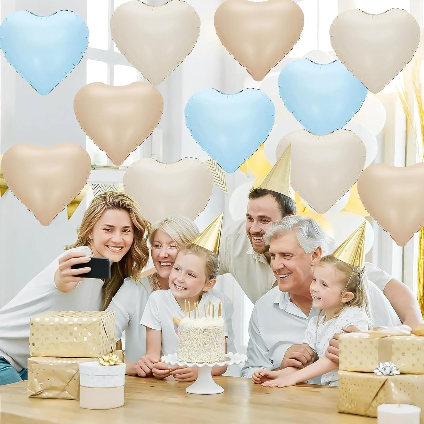 Blue Cream White Heart Balloons,12Pcs 18Inch Baby Blue Beige Apricot Nude Heart Shaped Foil Helium Polyester Film Balloons for Baby Shower Birthday Anniversary Wedding Engagement Party Decorations