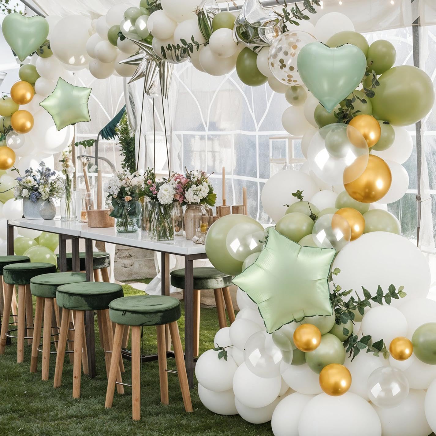 Sage Green and Gold Balloons Heart Star Balloon as Retro Olive Sage Green Baby Shower Decorations, Metallic Gold Confetti Balloons 18 inch Clear Foil Balloon as Anniversary Engagement Party Decor