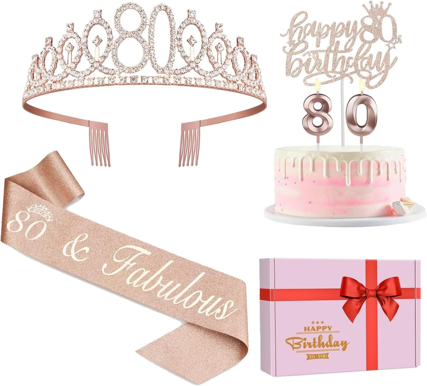 80th Birthday Decorations for Women, Including 80th Birthday Sash and Crown, Cake Topper and Candles, 80 Year Old Gifts for Women