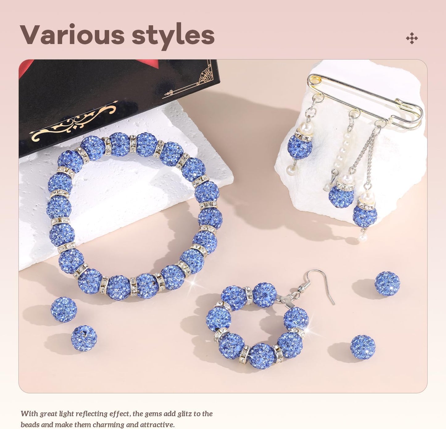 200pcs 10mm Rhinestone Beads for Jewelry Making, Light Blue Shiny Round Disco Ball Beads Bulk, Sparkle Crystal Clay Christmas for Bracelet Baseball Necklace Earring Crafting and DIY