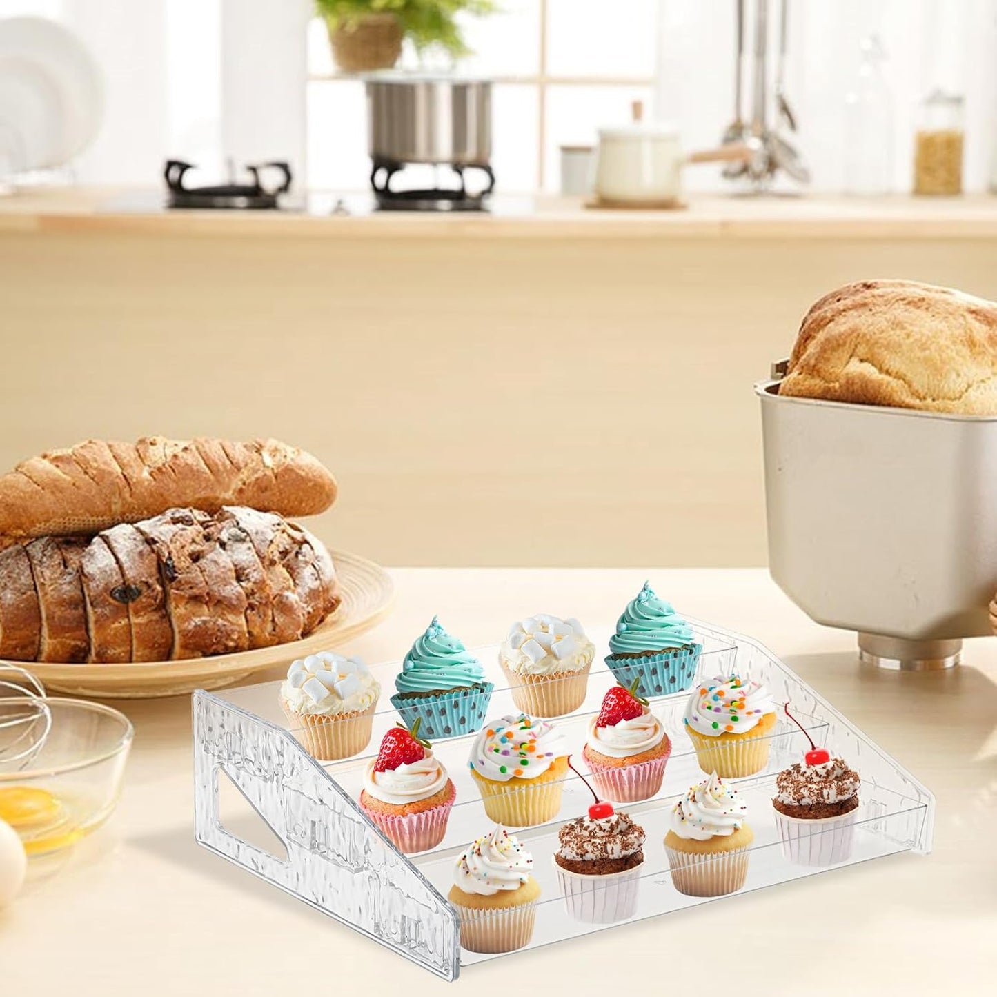 2 Pcs Perfume Organizer Stand, 3 Tier Acrylic Display Risers with Decorative Secure Fences, Tool-free Assembly, Clear Acrylic Shelf Risers for Cologne Cosmetic Dessert Cupcake for Countertop