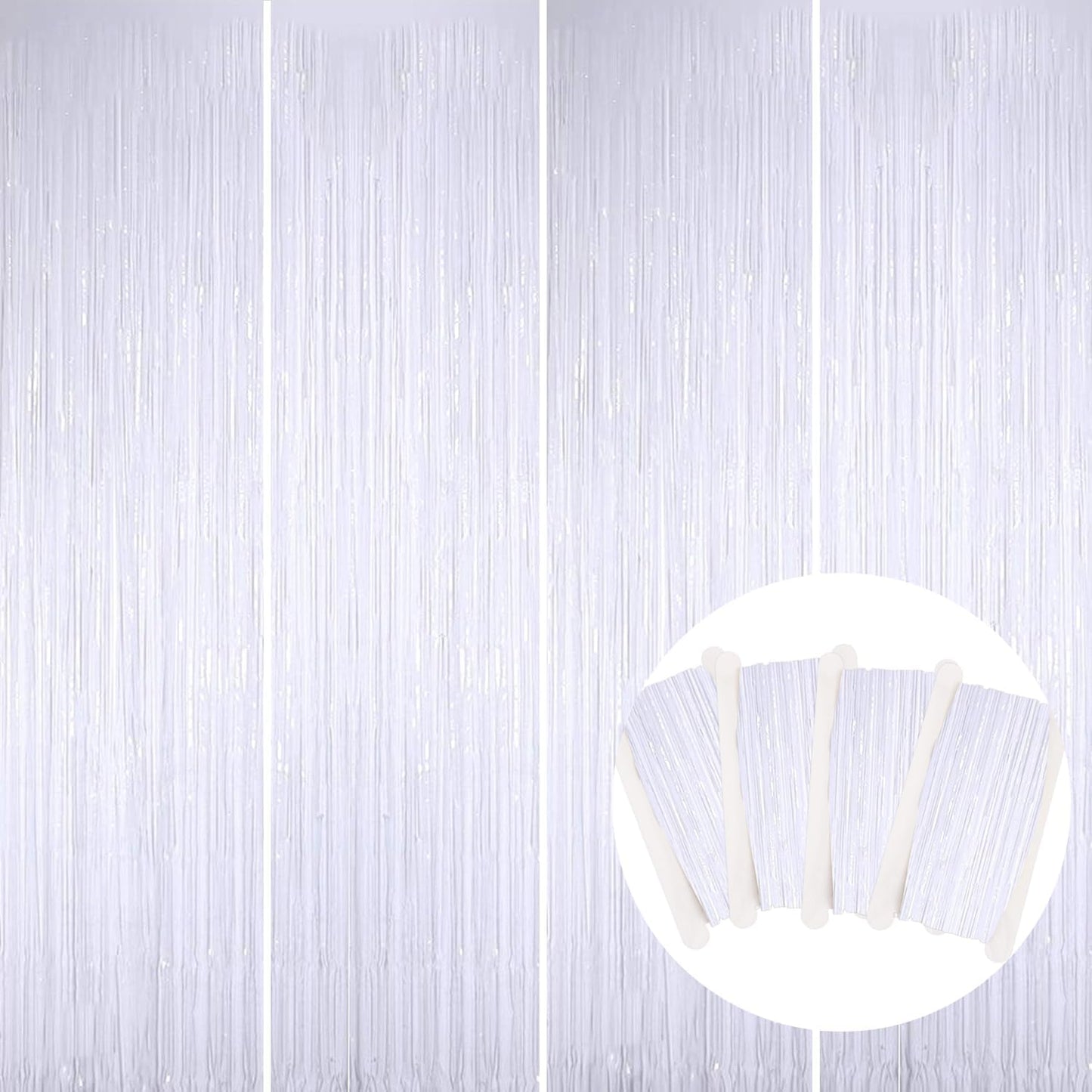 BEISHIDA 4 Pcs White Door Streamers Tinsel Curtain Party Streamers Backdrop Fringe Foil Wall Background for Birthday Halloween Christmas Wedding Party Decoration(3.28 ft x 6.56 ft)