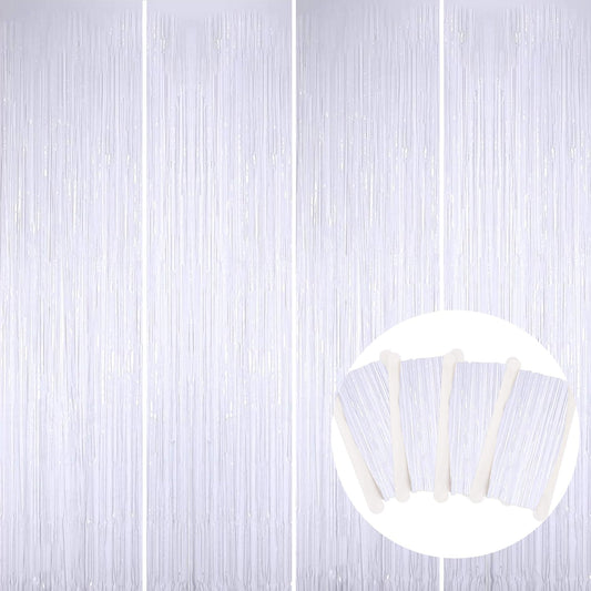 BEISHIDA 4 Pcs White Door Streamers Tinsel Curtain Party Streamers Backdrop Fringe Foil Wall Background for Birthday Halloween Christmas Wedding Party Decoration(3.28 ft x 6.56 ft)