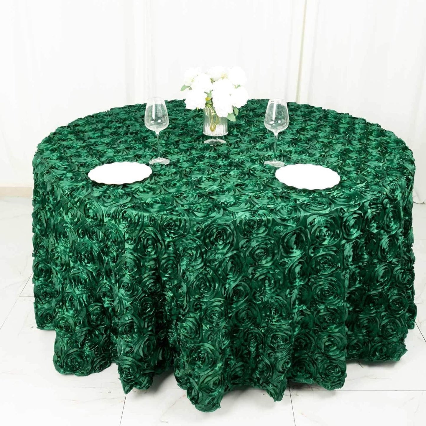 Efavormart 120" Hunter Emerald Green Grandiose 3D Rosette Satin Round Tablecloth for Wedding Party Event Decoration